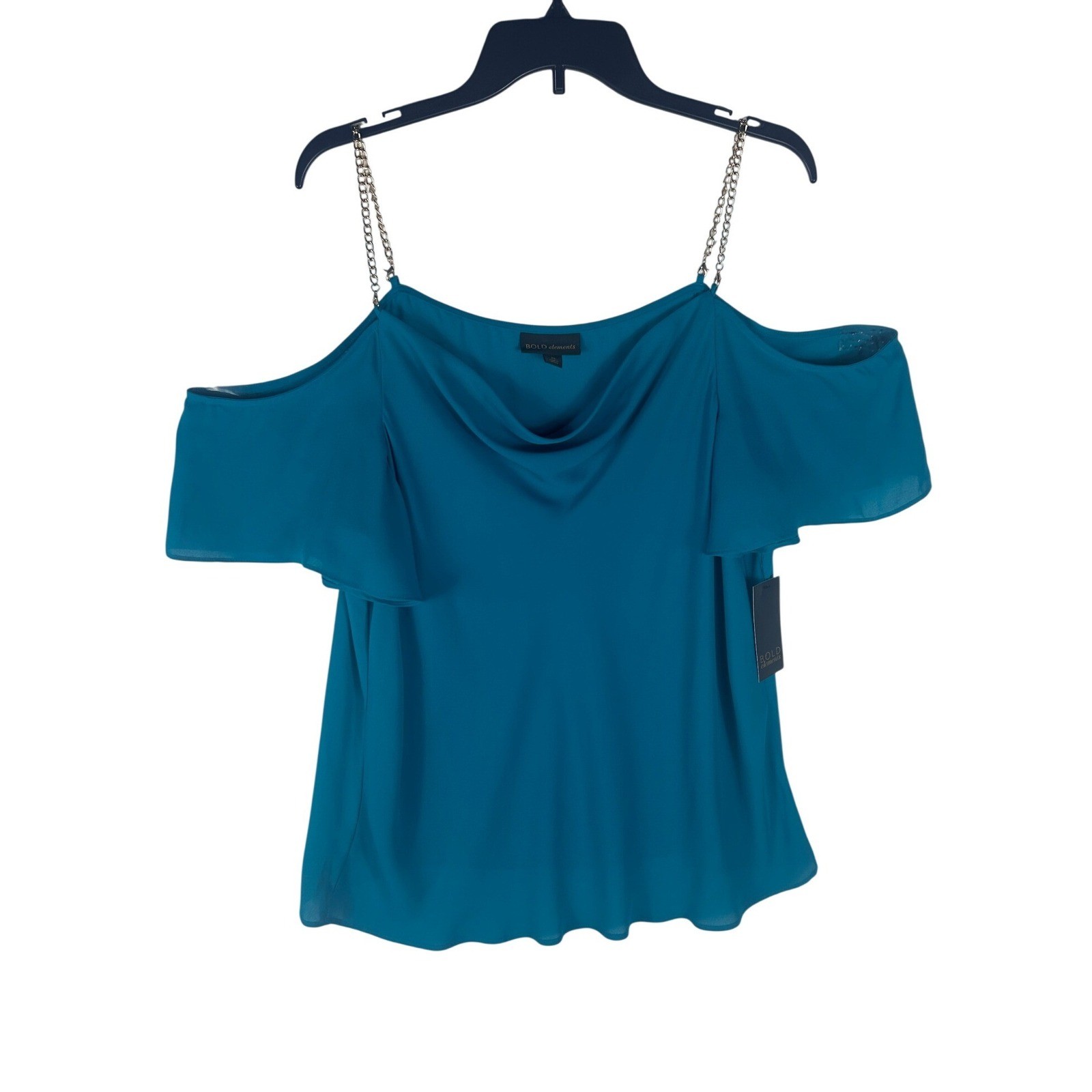 Bold Elements Cold Shoulder Cowl Neck Top Polynesian Blue Chain Strap XL NWT