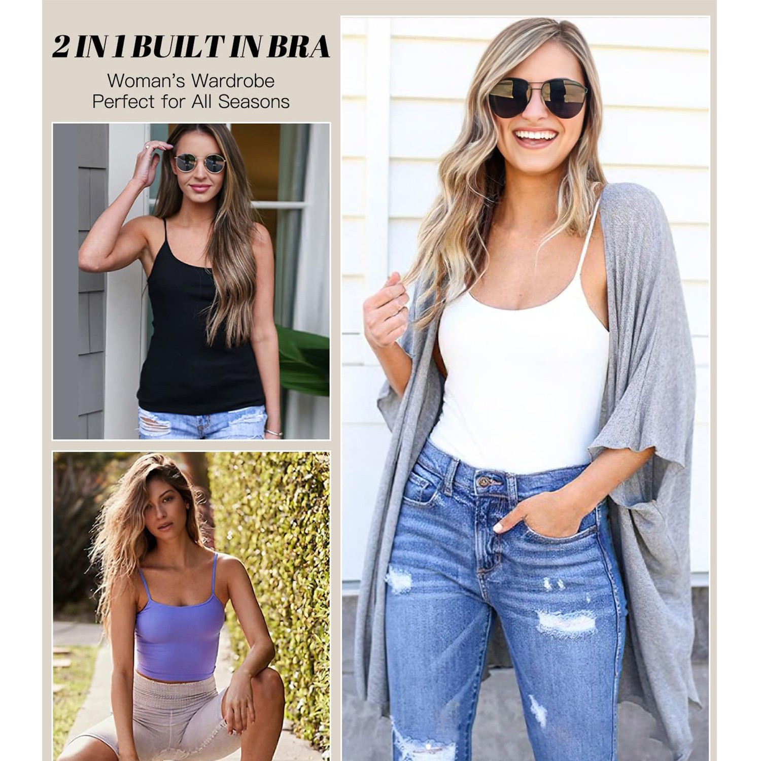 Camisole with Built in Shelf BRA Adjustable Spaghetti Strap Basic Tank Tops US