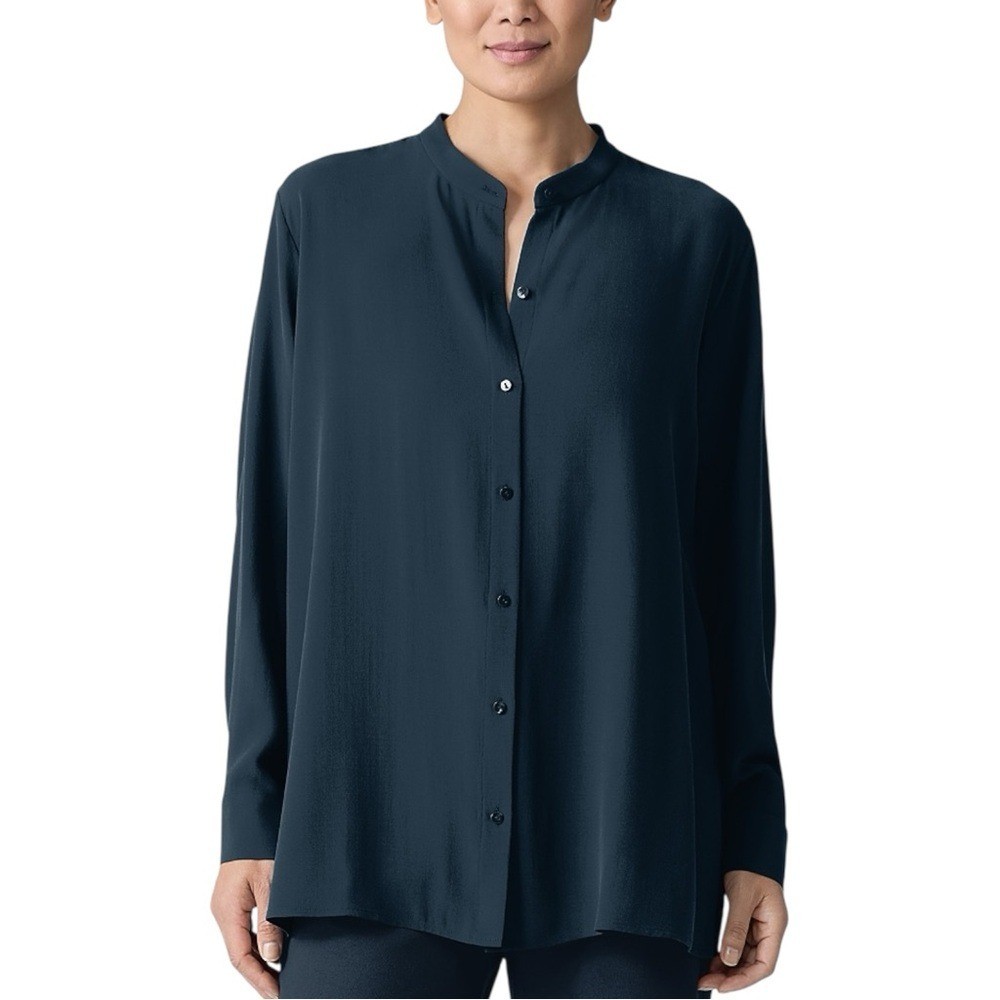Eileen Fisher Mandarin Collar 100% Silk Black Button Up Blouse Size Small