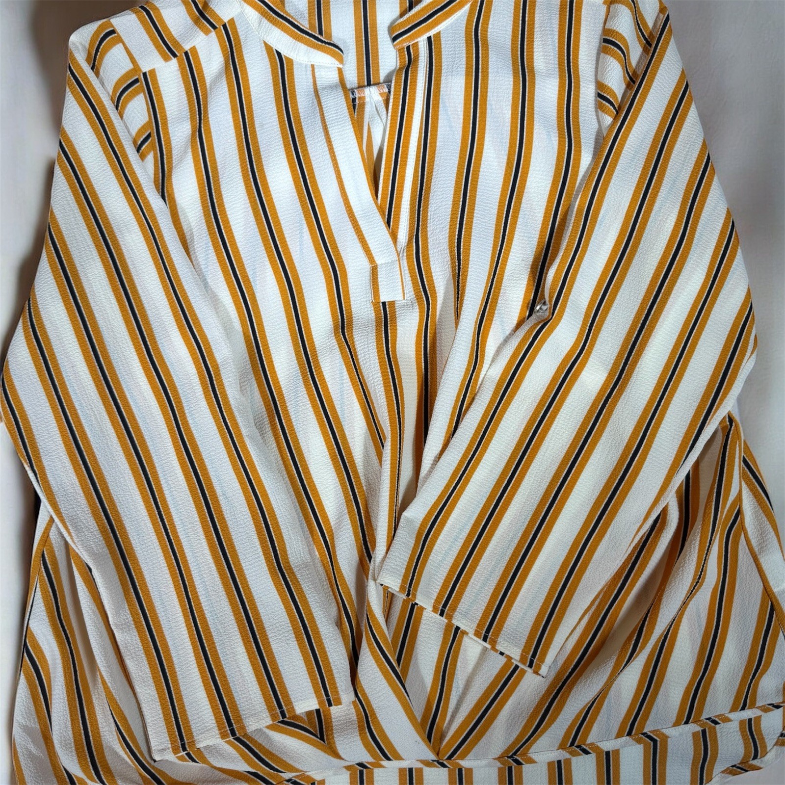 Notations Womens Blouse Size Large Cream Mustard Stripe Long Sleeve Top