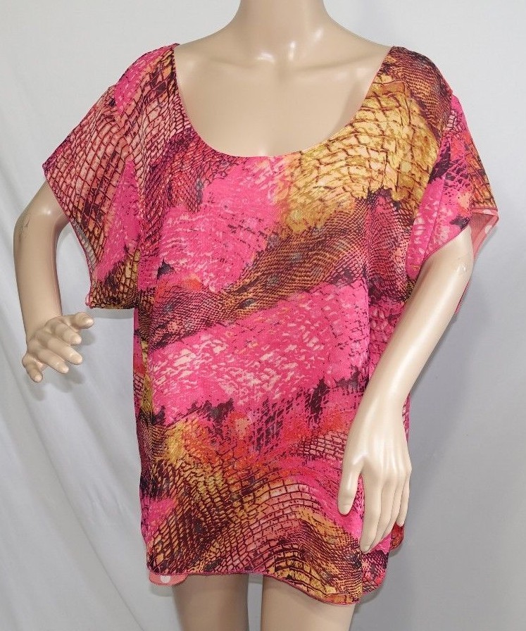 Jennifer Lauren Women Plus Size 3x Chiffon Pink Coral Animal Print Top Blouse