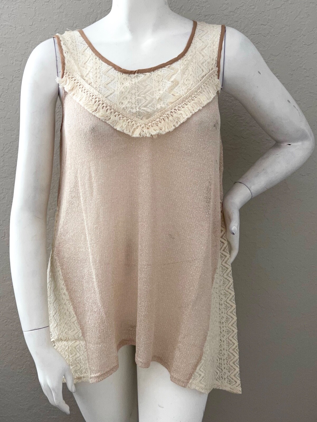 A’reve Lace Inset & Fringe Lace Up Sweater Knit Tank Mocha Cream Plus XL 1XL 2XL