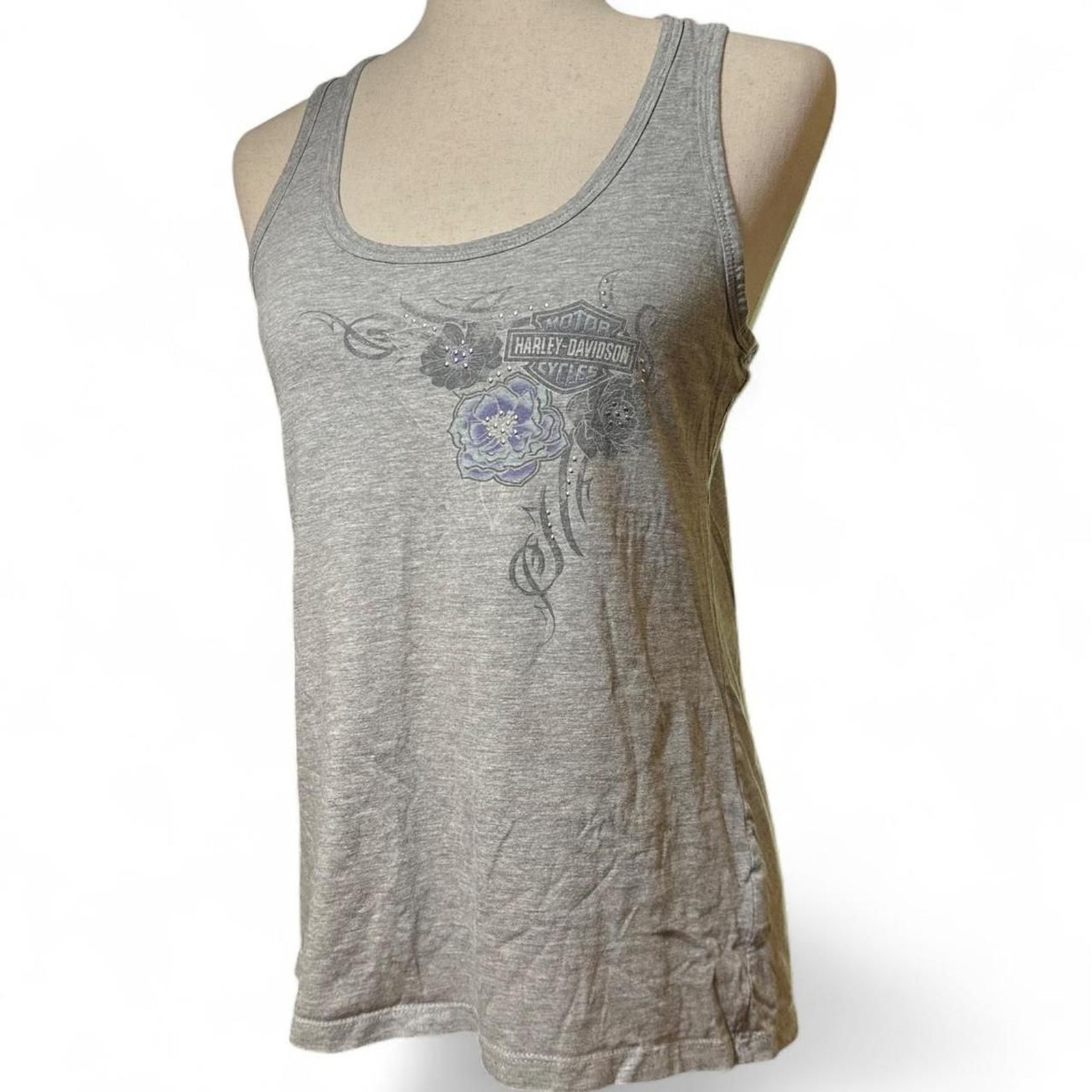 Harley Davidson (Myrtle Beach, SC) Y2K Tattoo Blue Floral Print Logo Tank Top