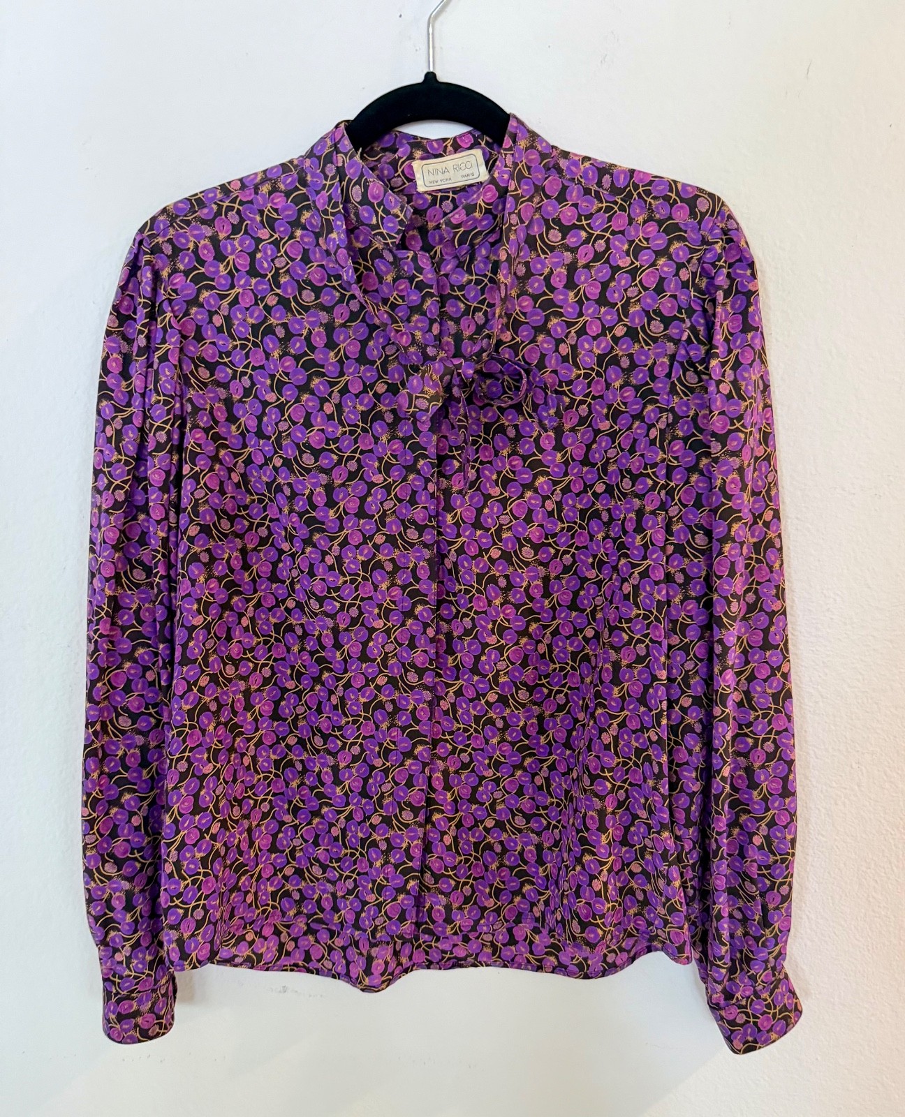 NINA RICCI NEW YORK PARIS size 12 VINTAGE SILK PRINT BLOUSE TOP, ITALY