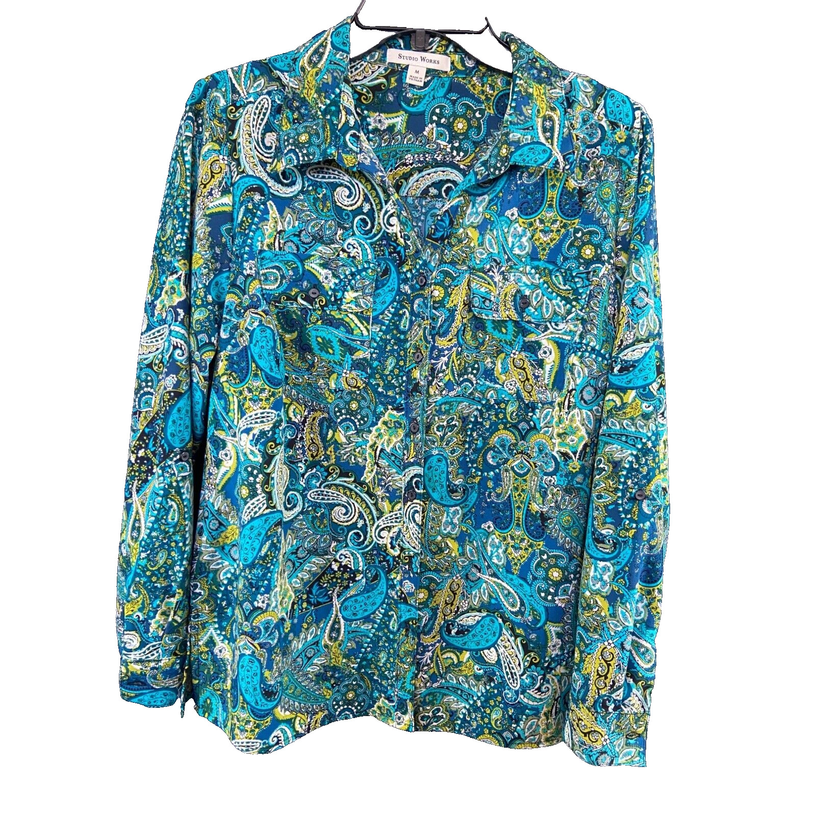 Studio Works Womens Blouse Medium Blue Paisley Lightweight Casual