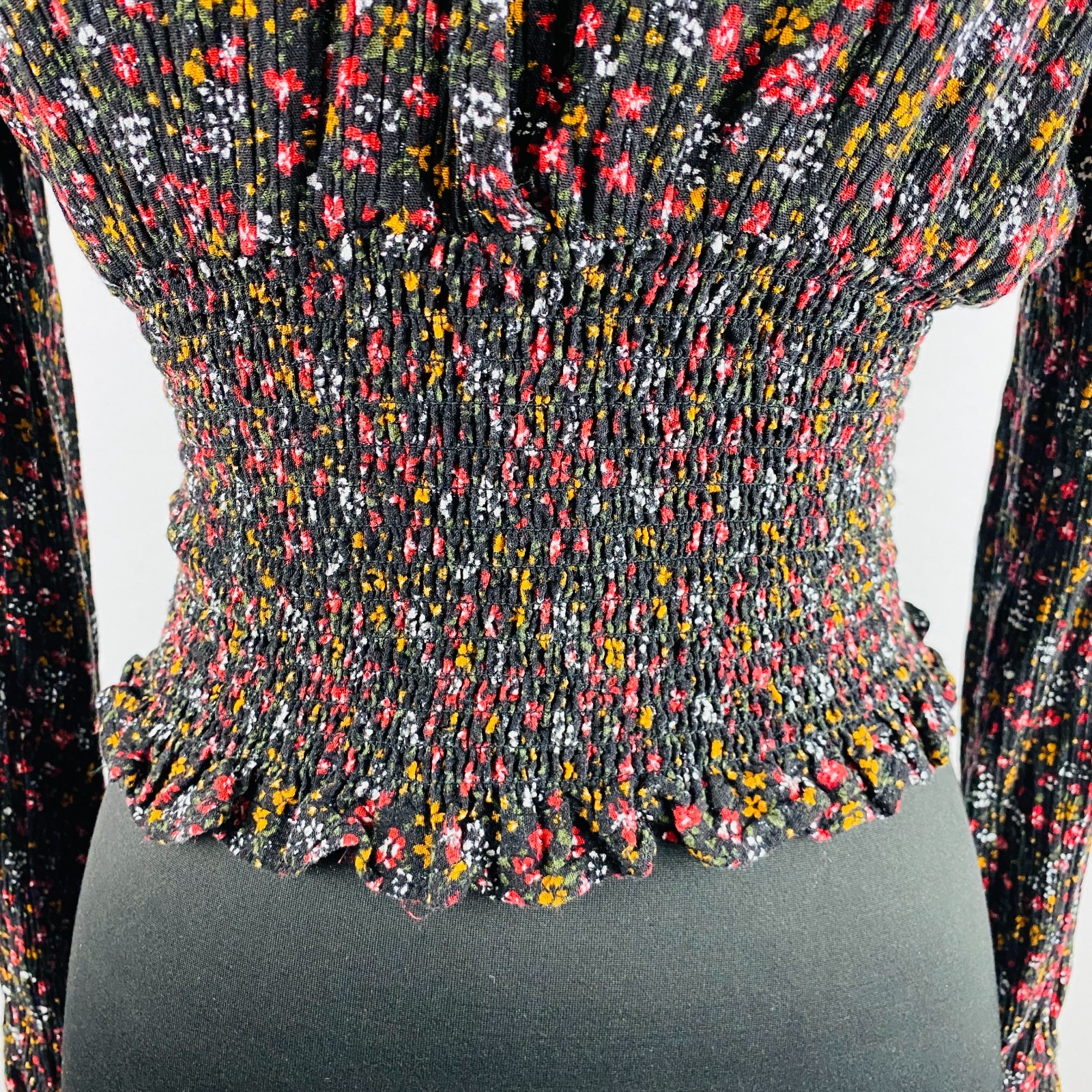 Paper Crane Womens Floral Print Bohemian Gypsy Long Sleeve Smocked Work Job S