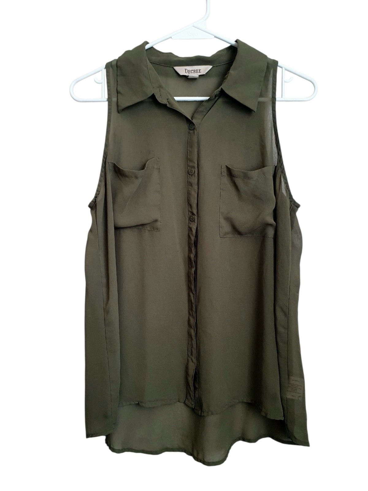 Decree Women’s Olive Green Button Up Sheer Shirt Sz L Sleeveless