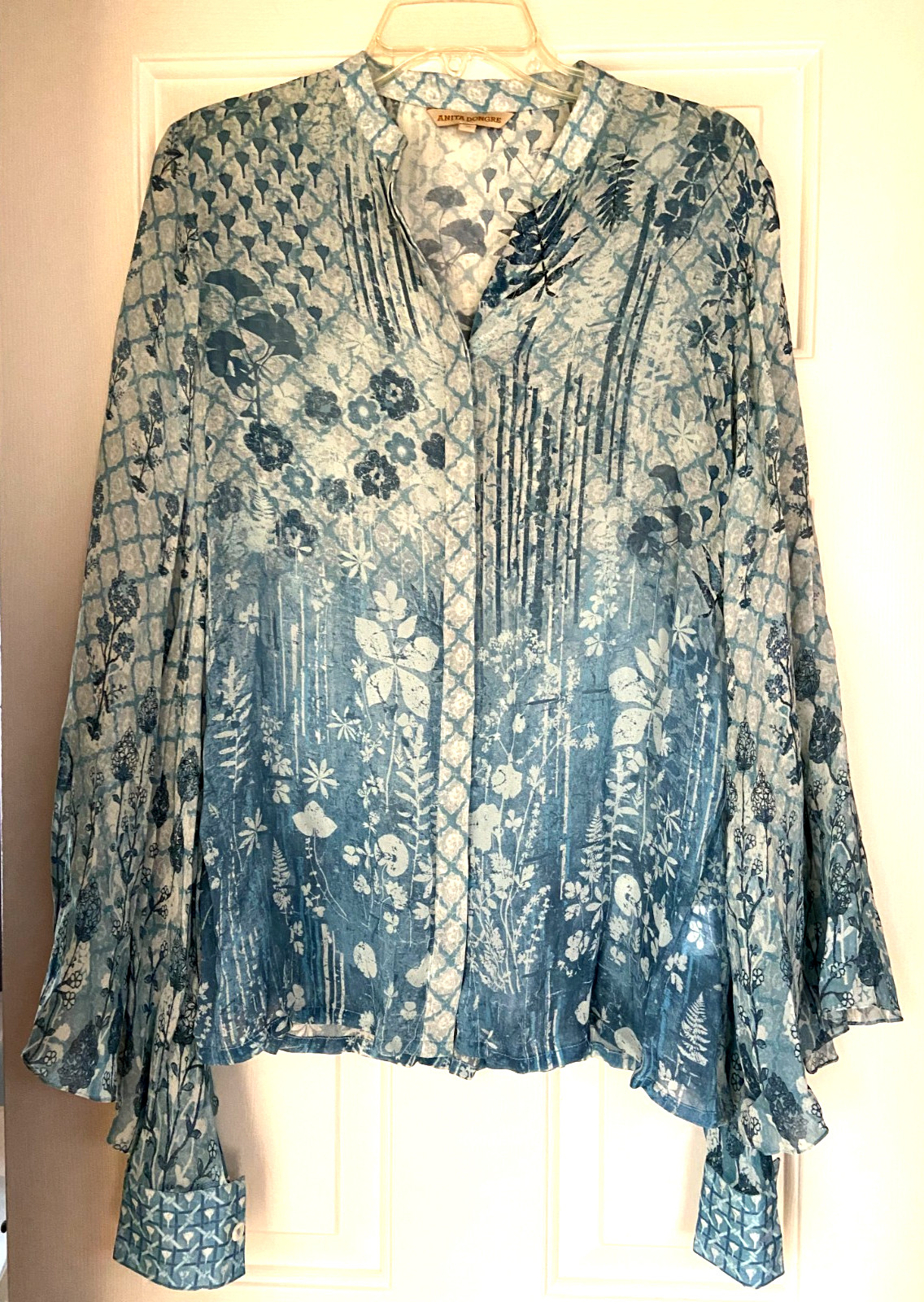 SILK BLOUSE BY ANITA DONGRE BLUISH GRAY IN FLORAL PRINT BELL PLEATED SLEEVES 10