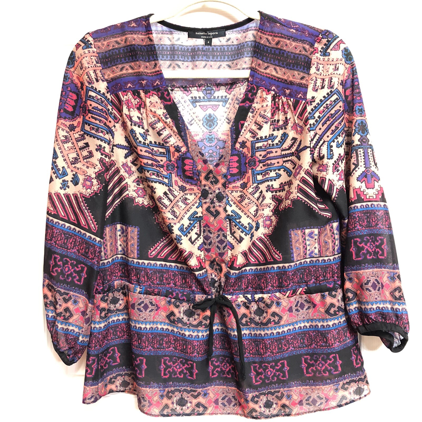 Nanette Lepore Womens Size 4 Drawstring Waist V Neck Geometric Print Blouse Top