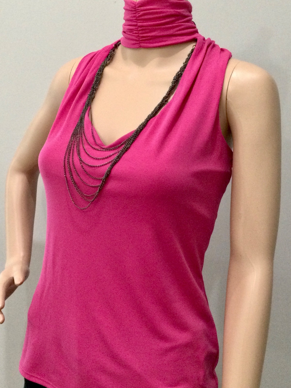 Bisou Bisou Pink Ruched Mock Neck Top Chain Detail Open Back Y2K Glam Size M