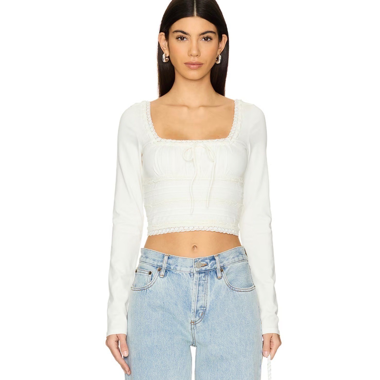 Free People White Lace Trim Milkmaid Crop Top Long Sleeve Square Neck Size Small