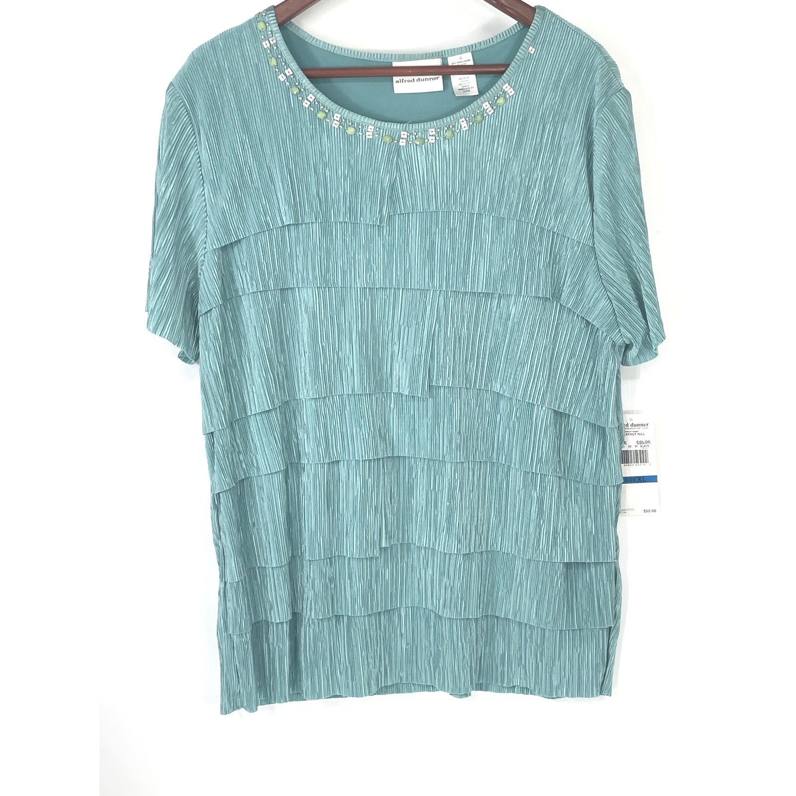 NWT Alfred Dunner Womens Top XL Blouse Slate Blue Tiered Pleated Beaded Neck