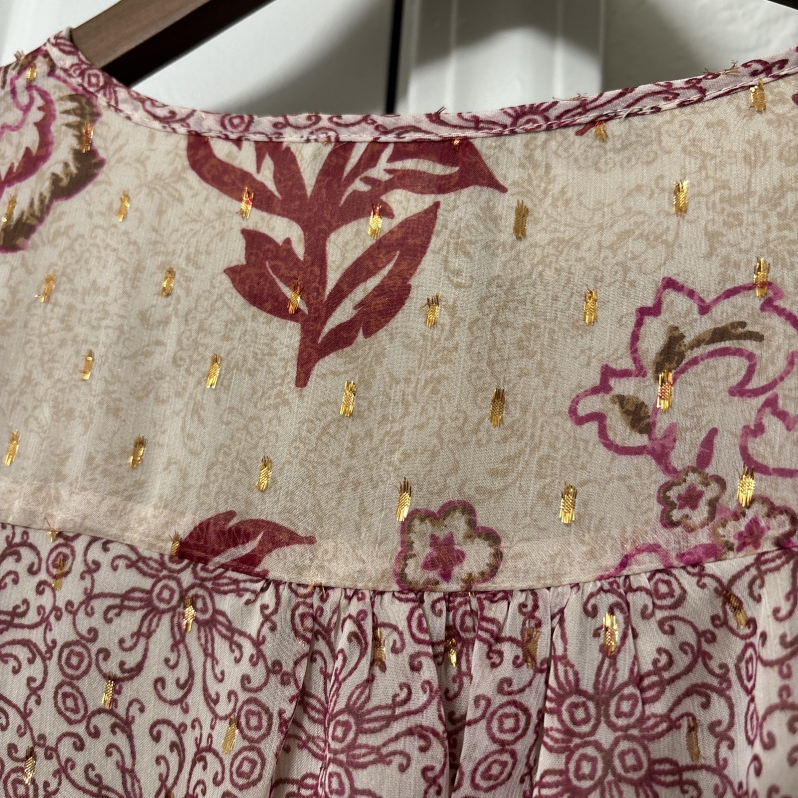 White House Black Market Sheer Blouse Maroon, Gold, and Beige Long Sleeve Small
