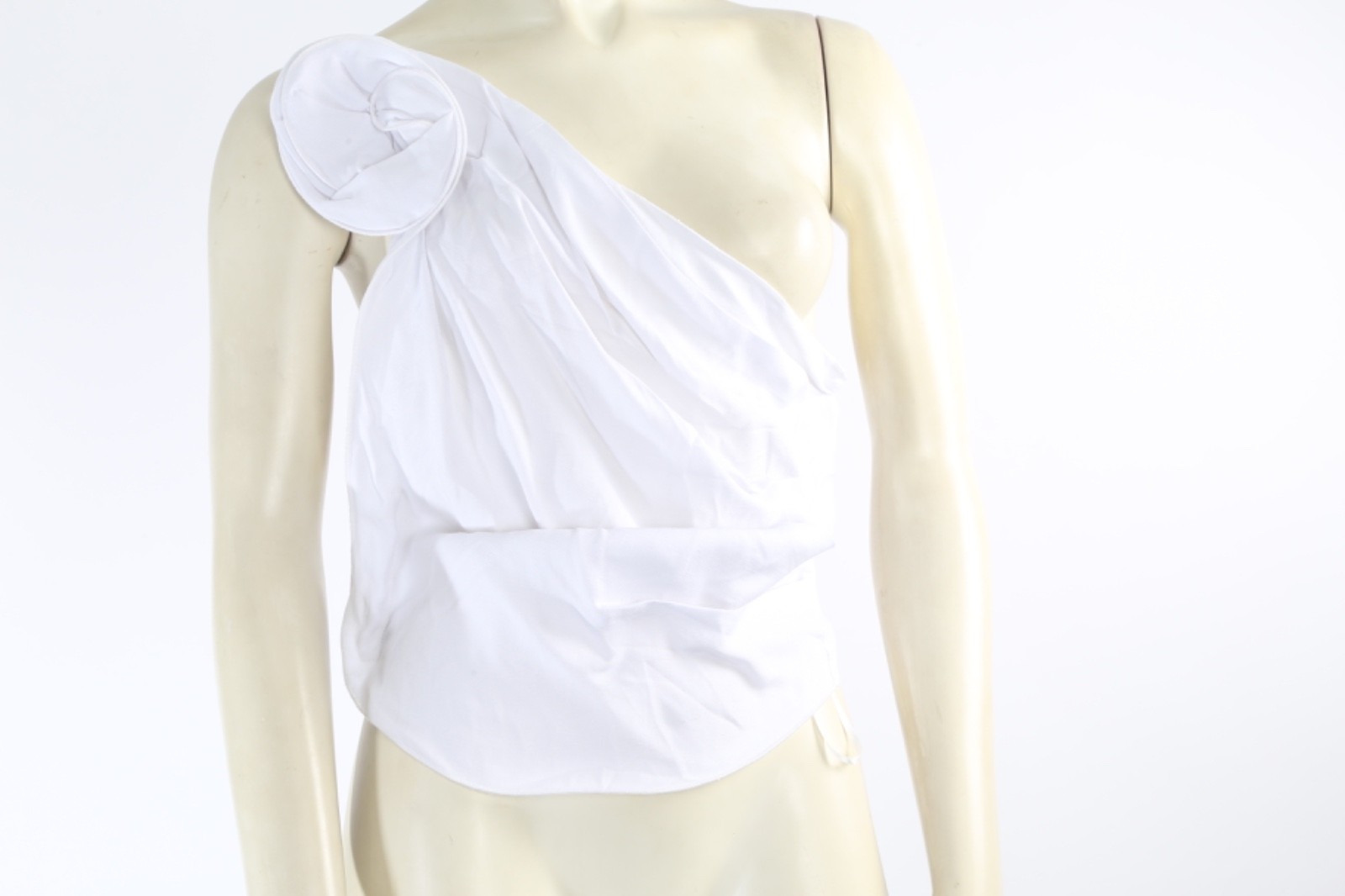 White One Shoulder Rosette Top Size S Ruched Drape Asymmetric Cotton Blouse