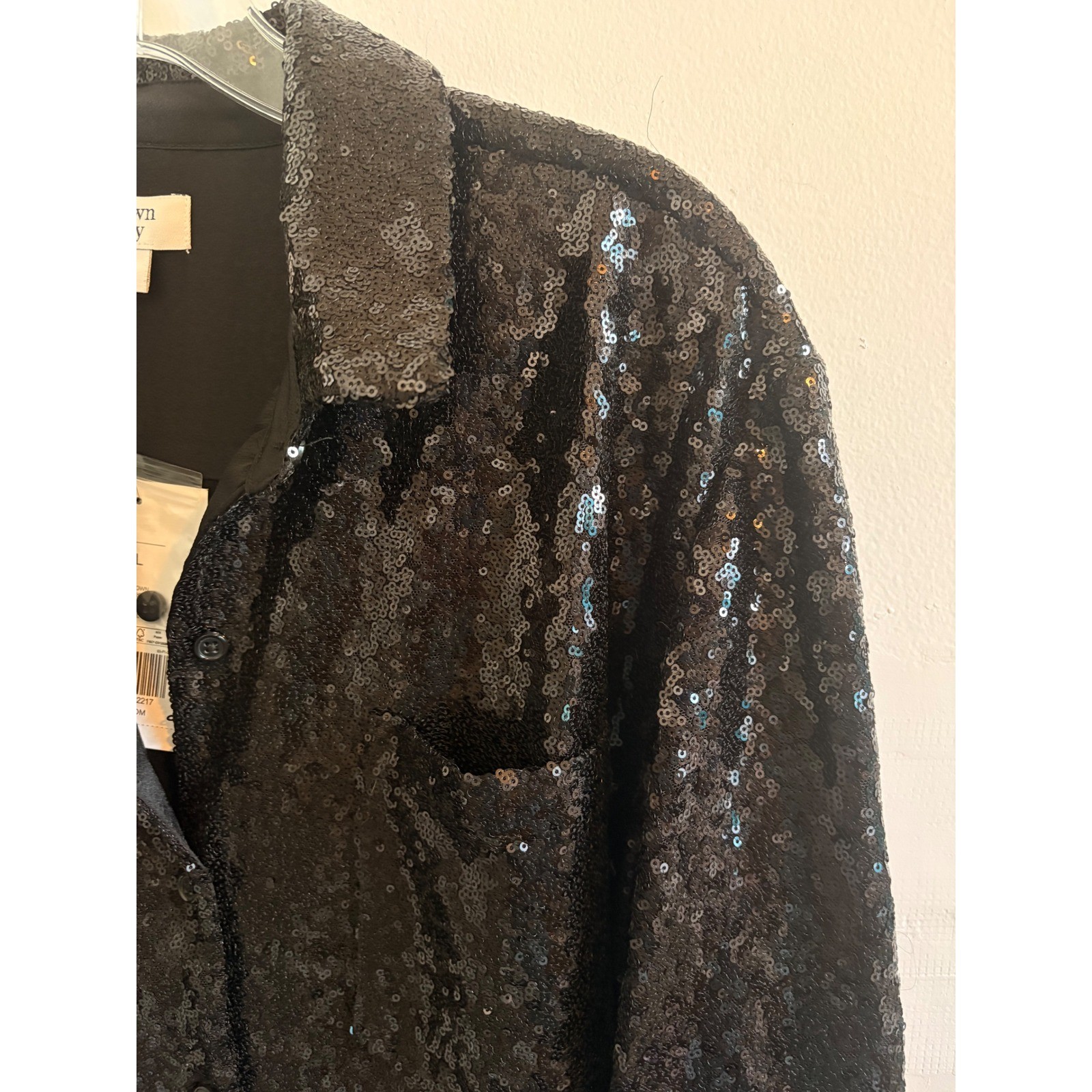 Crown & Ivy Black Sequin Button Up Shirt Holiday NYE Cocktail Blouse Womens L