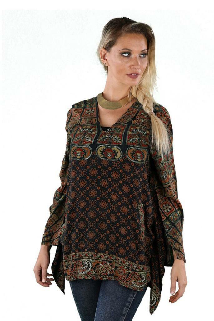 Sacred Threads Hippie Boho Festival Mandala Block Print Top Pockets 219673 OS