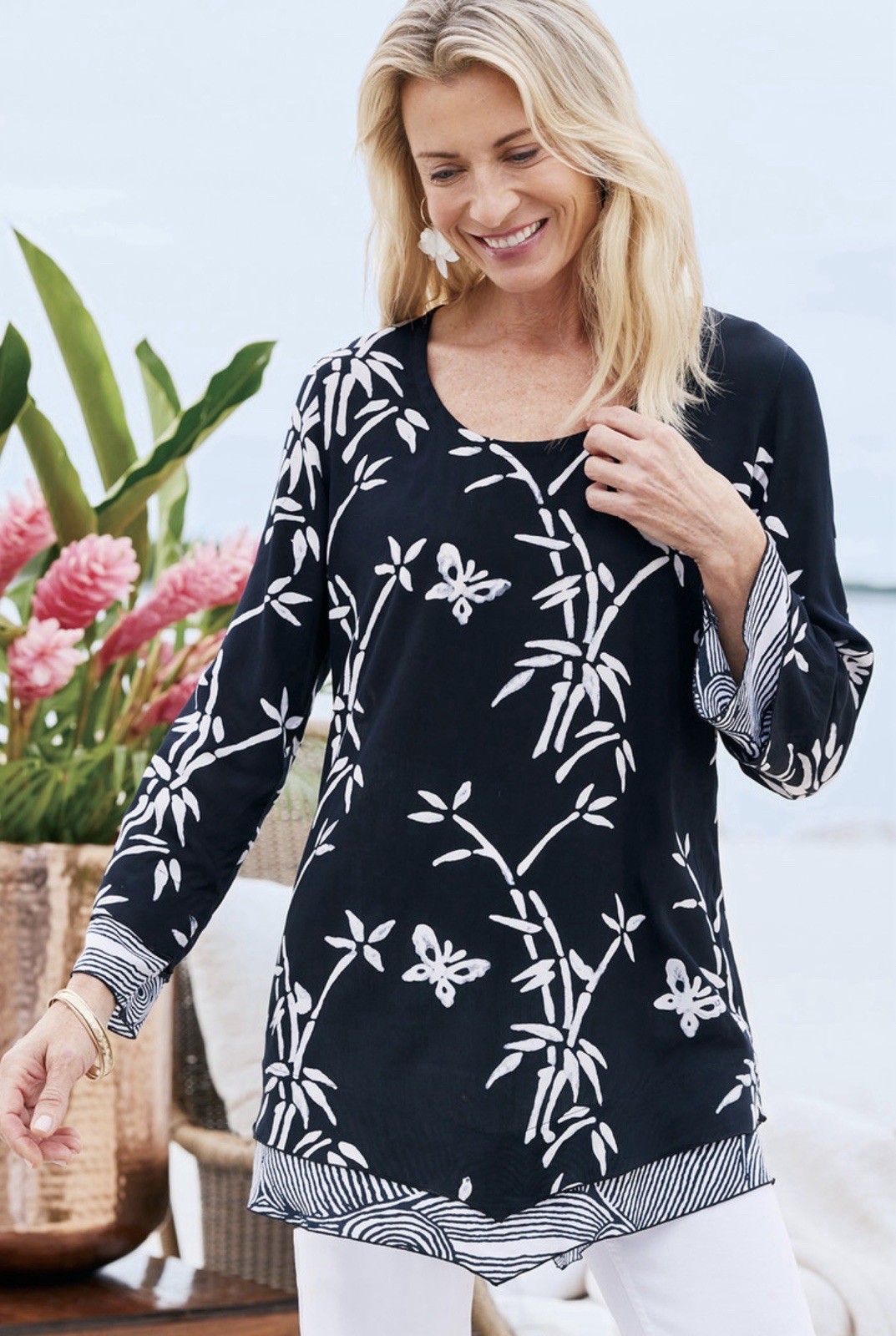 Soft Surroundings large BAMBOO BATIK Asian Art Wear Rayon Lightweight Tunic Top