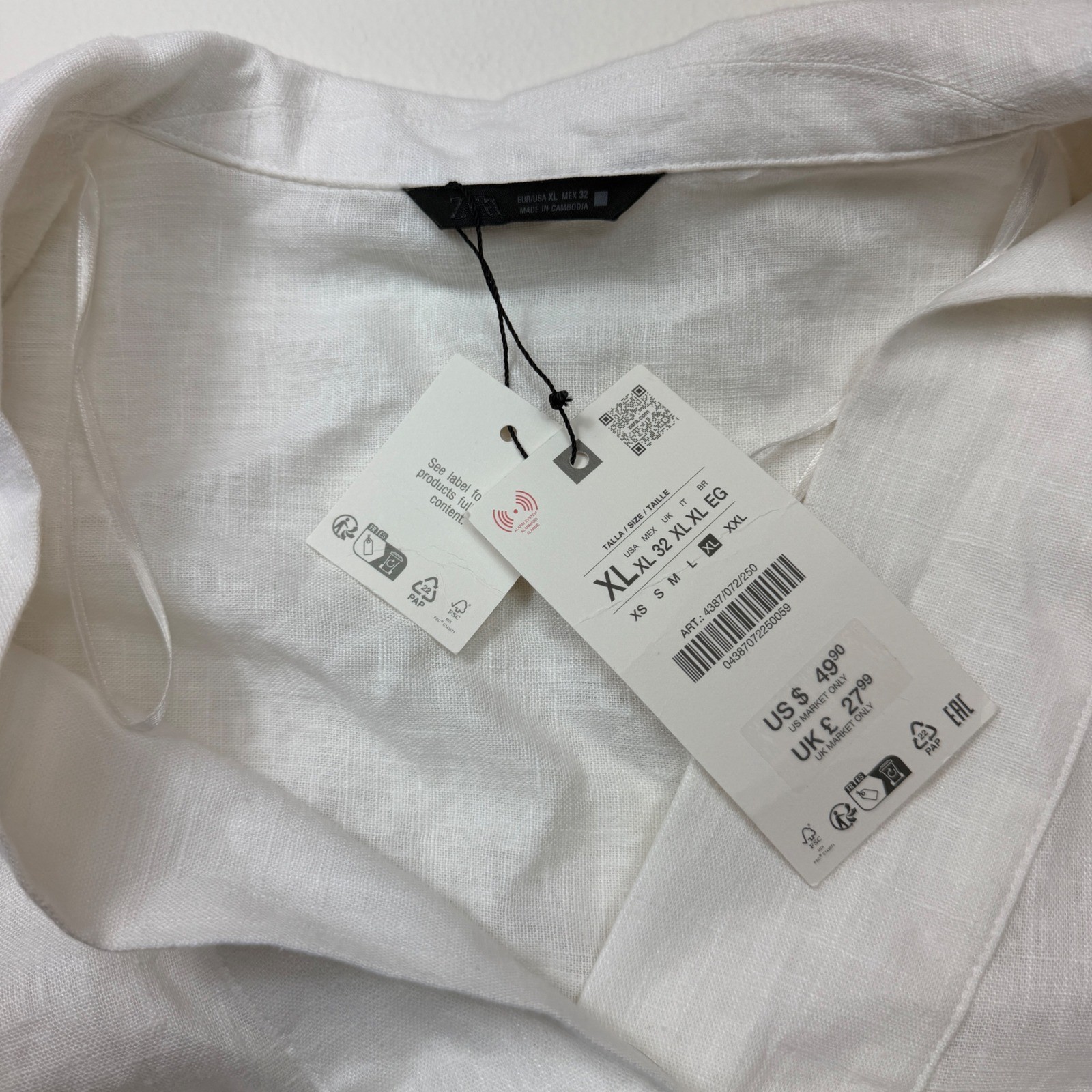 Zara Women White Linen Blend V-Neck Oversized Blouse Top 4387/072 Size XL NEW