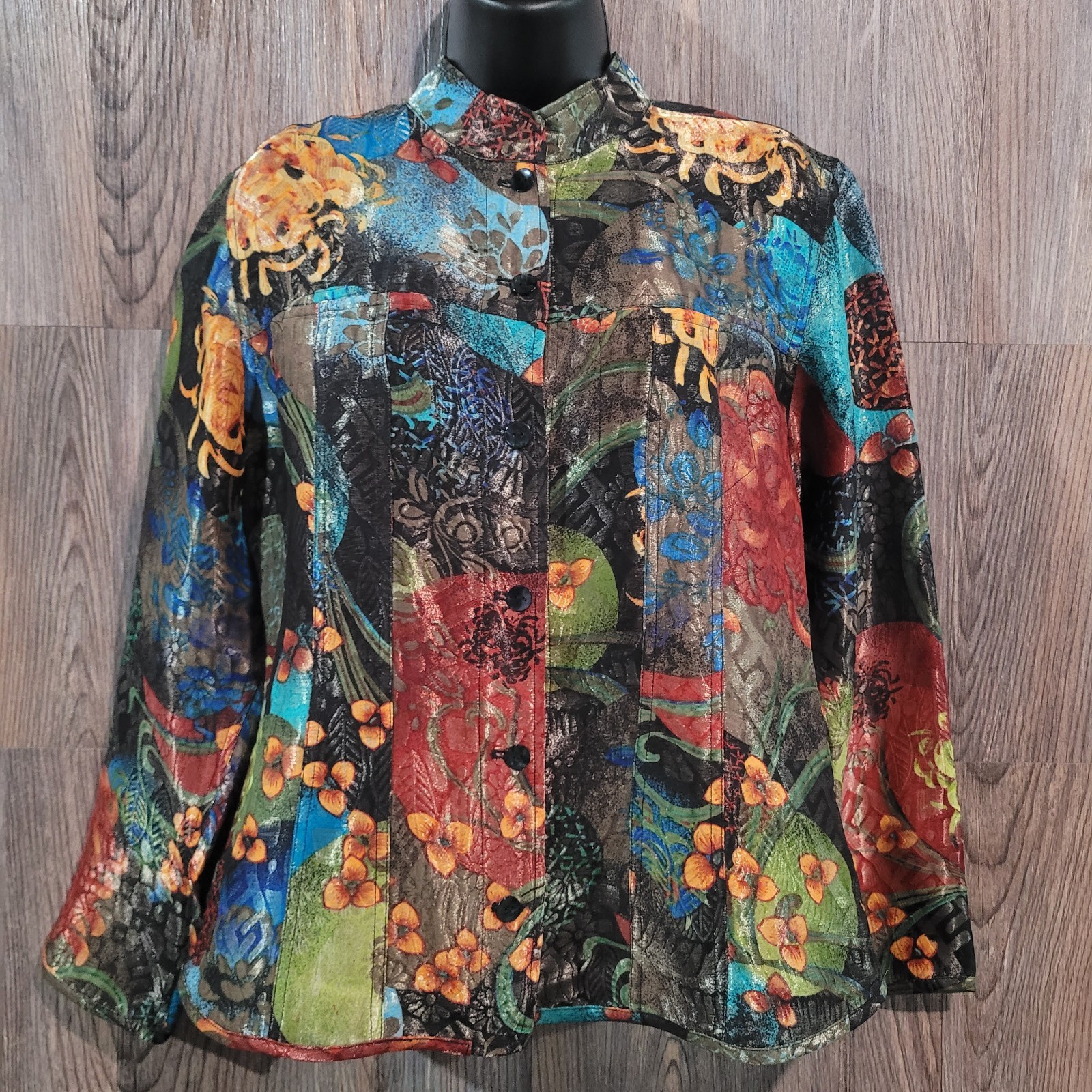 Chico’s Silk Blend Button Up Top 1 / M Mixed Print Floral Metallic Art Funky