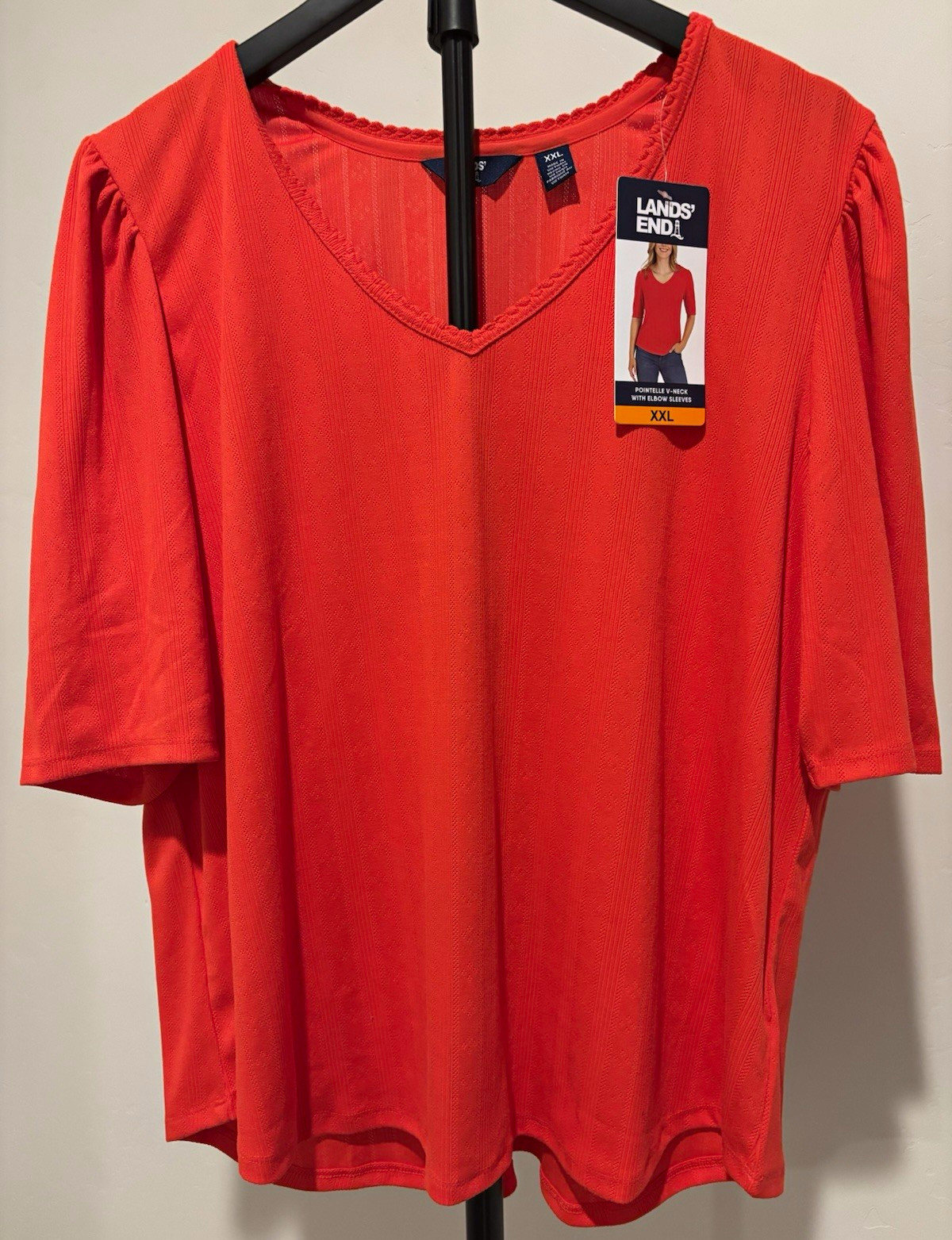 Lands’ End Women XXL Red Pointelle V Neck Elbow Sleeve Top NWT Puff Sleeve