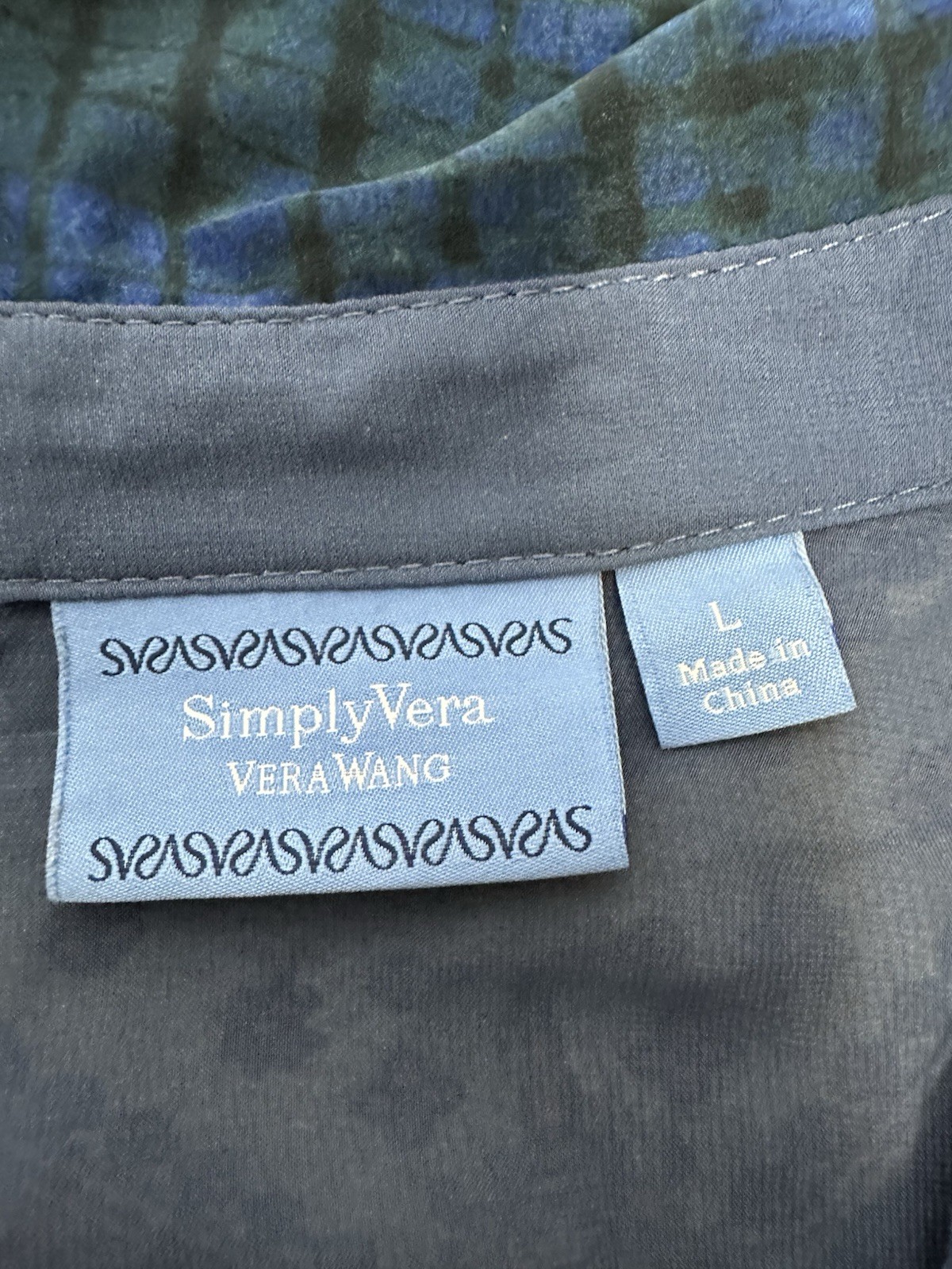 Simply Vera Vera Wang Blue/Black Sheer Chiffon Geometric Collared Blouse L