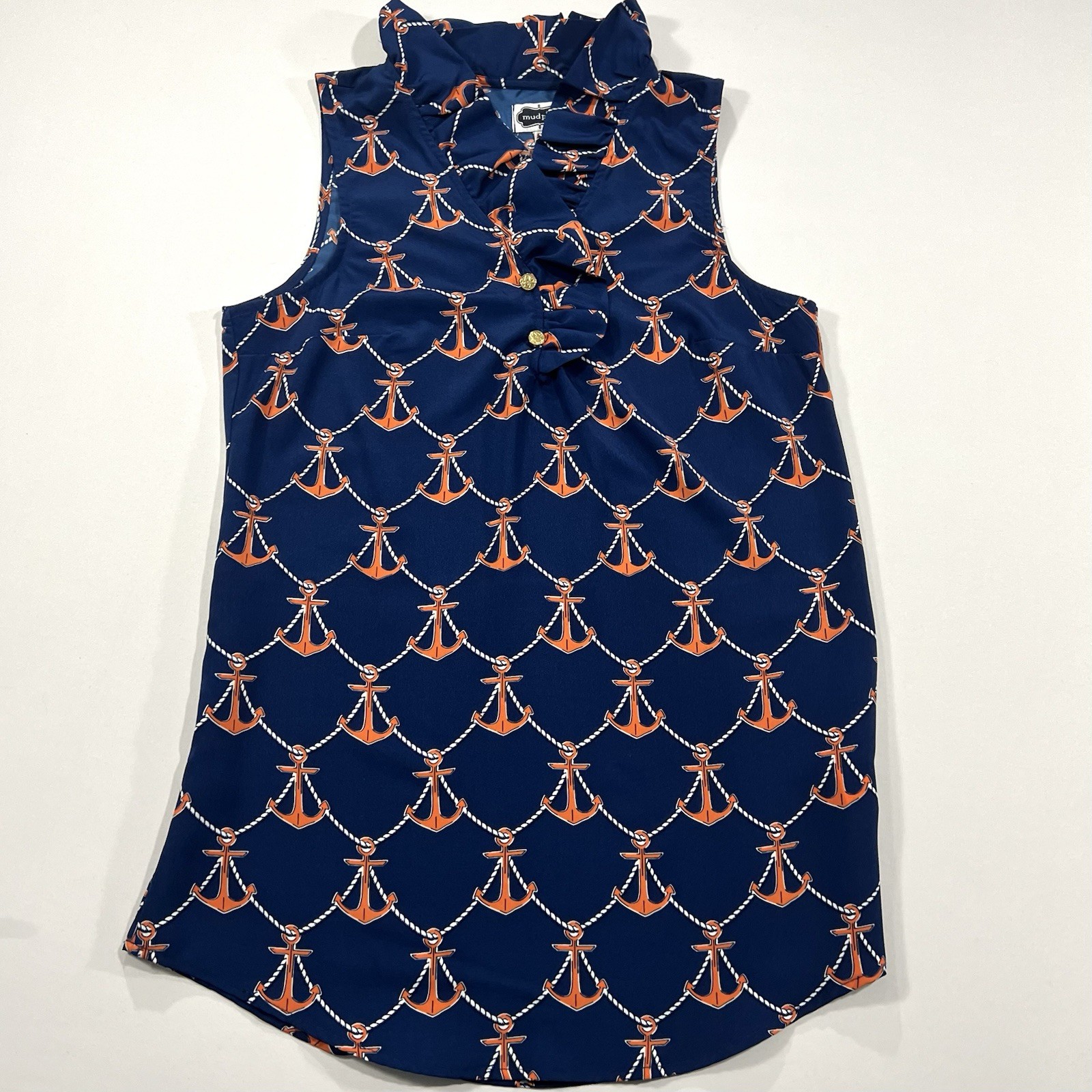 Mud Pie Nautical Anchor Ruffle Neck Blouse Womens Small Blue Sleeveless Top