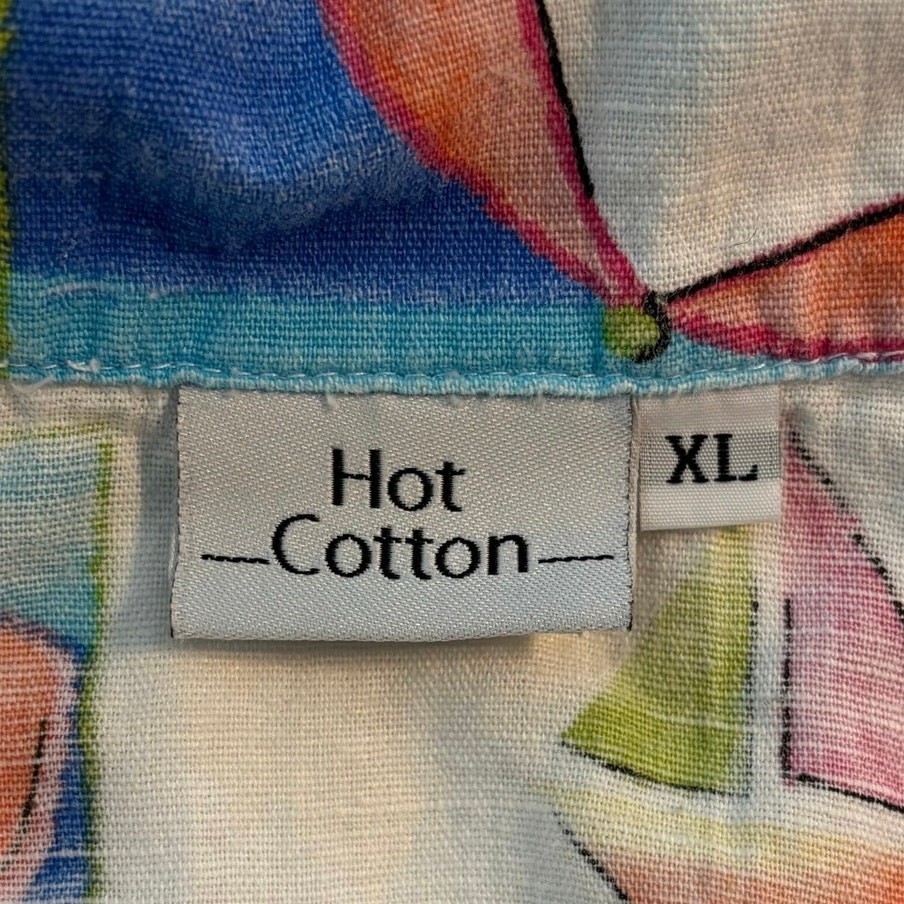 Hot Cotton XL Top Shirt Button Front Linen Beach Vacation Print Fish USA Made