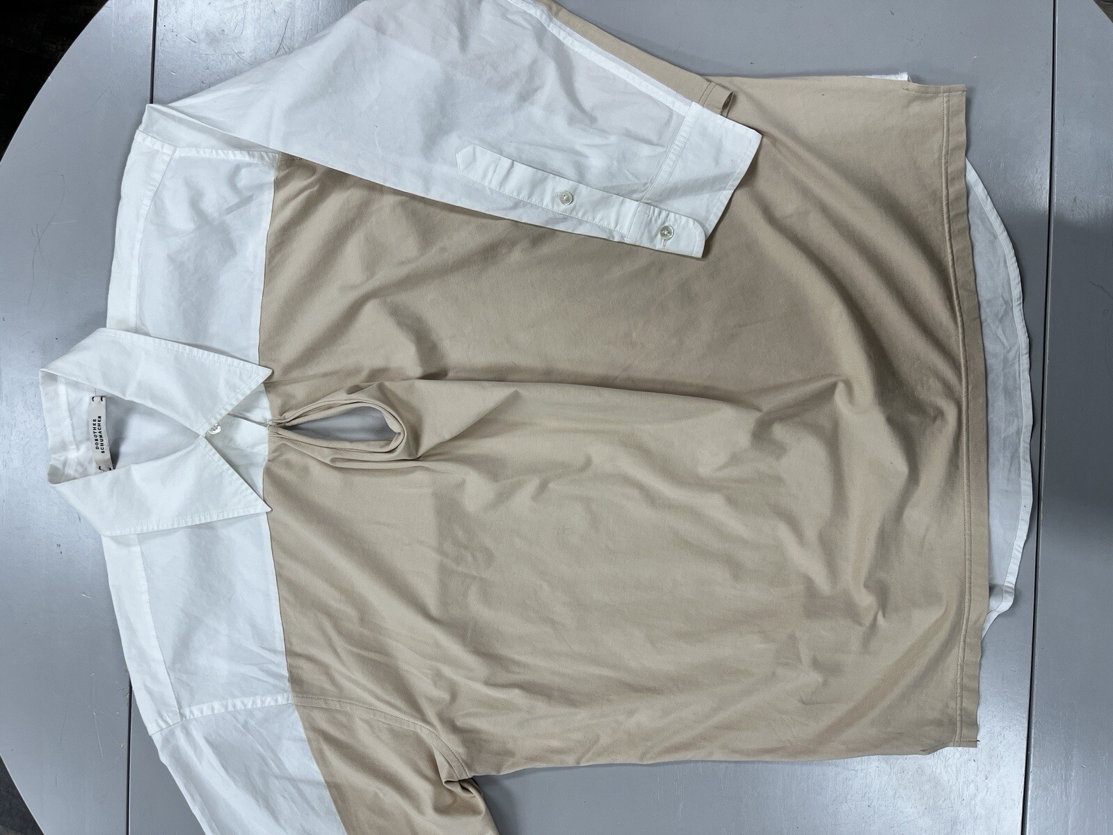 New Dorothee Schumacher Size M/L Mixed Fabric Cool Design white + khaki blouse