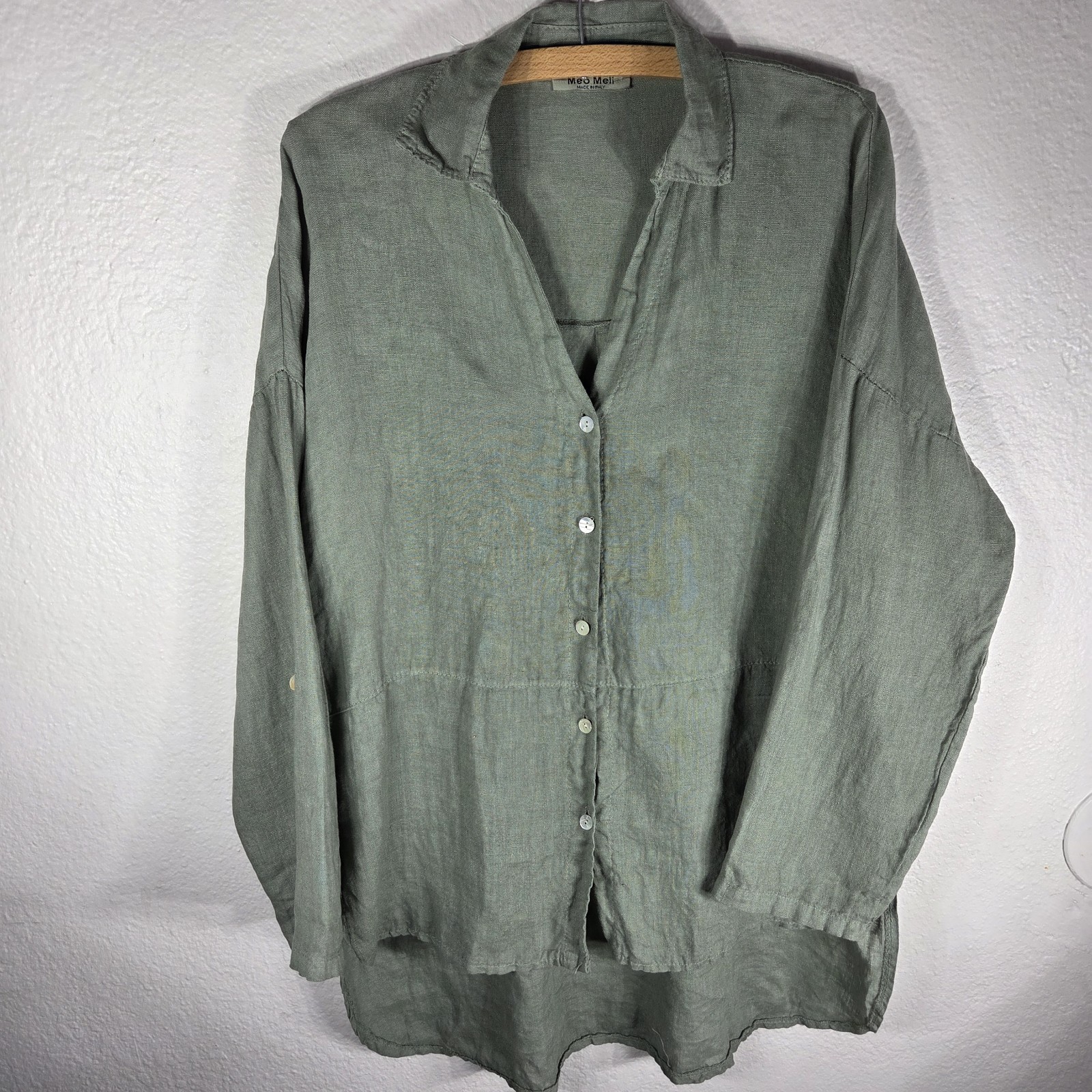 Meo Meli Made In ItalyXL Olive Green Linen Button Down Roll Tab Sleeve Shirt Top