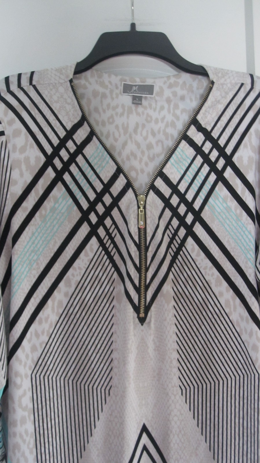 NEW JM Collection Women’s Large Top Blouse Tunic Front Zipper Teal Black White
