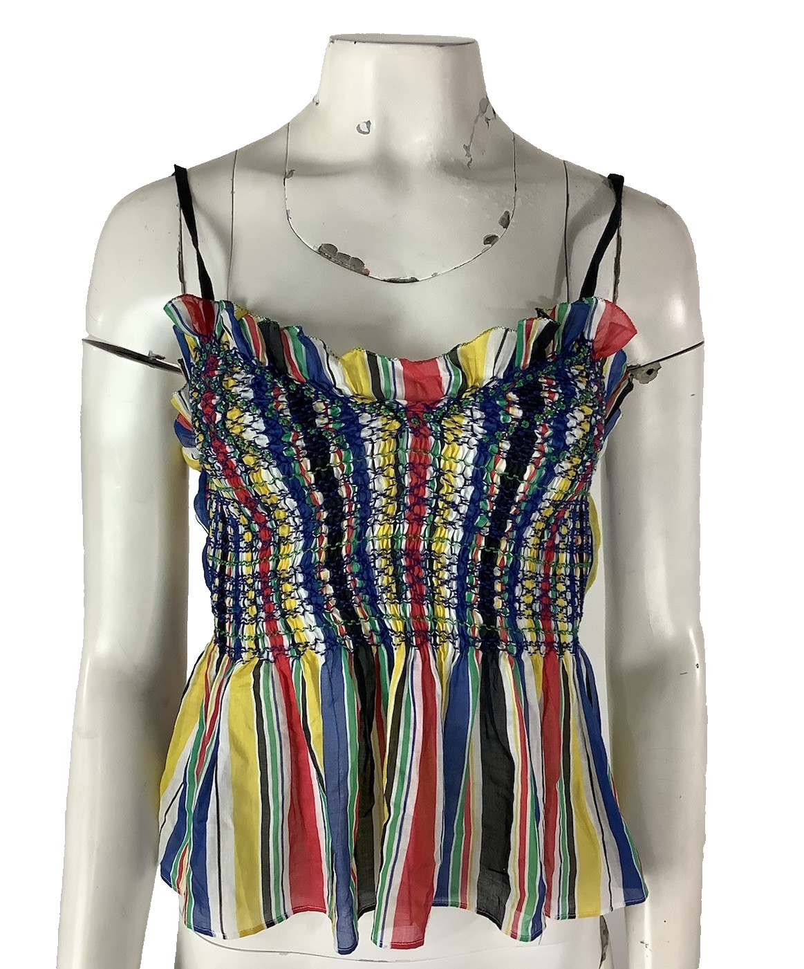 Loretta Caponi Sz XL 100% Cotton Colorful Smocked Italian Striped Summer Top BV