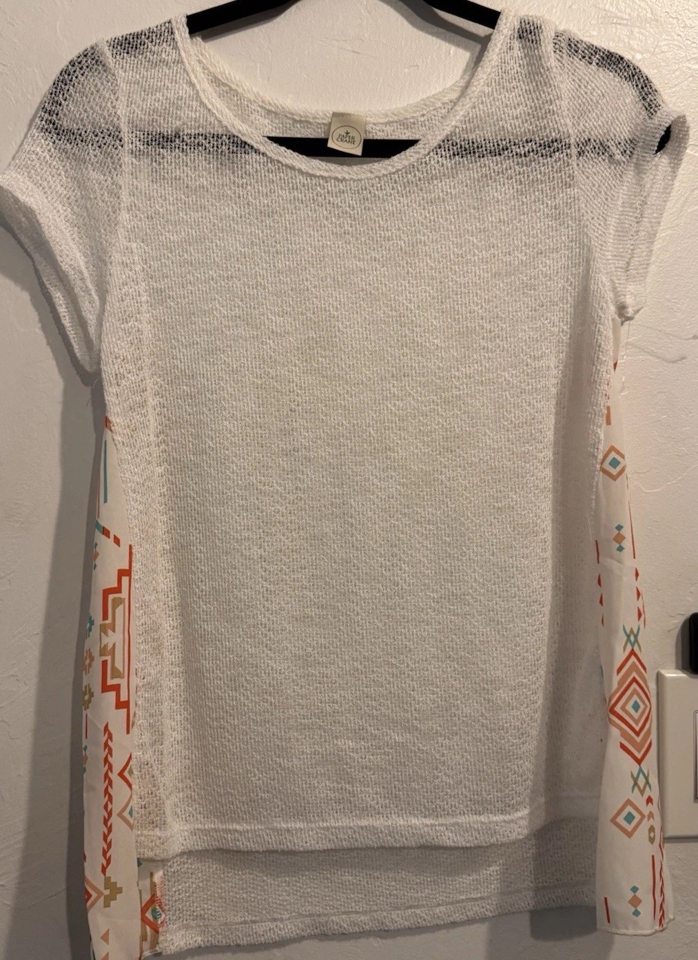 Paper Crane White Geometric Sheer Knit Round Neck Cap Sleeve Top Womens S