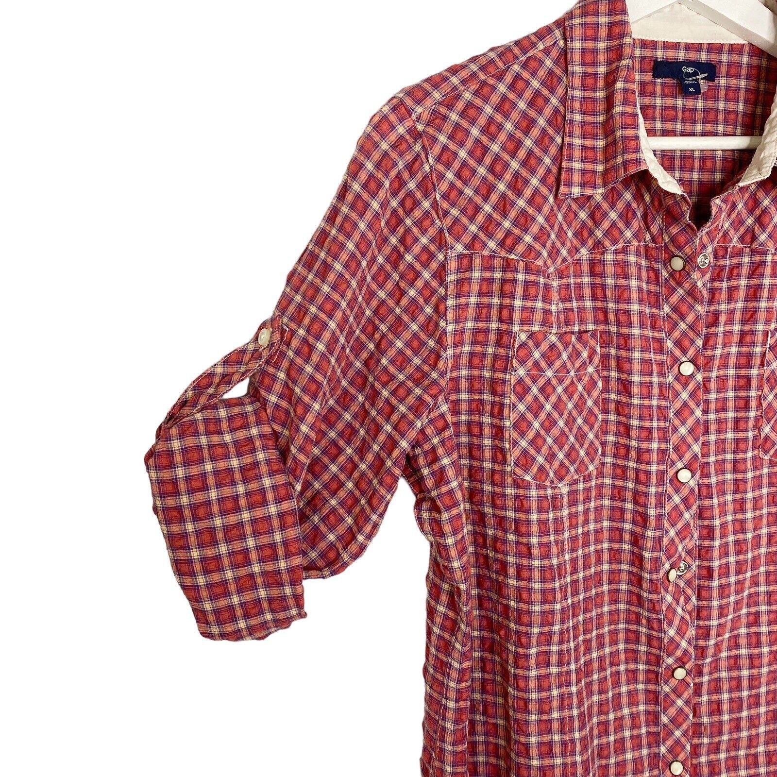 Gap Shirt Womens XL Red Snap Front Plaid Tab Sleeve Seer Sucker Stretch Cowgirl