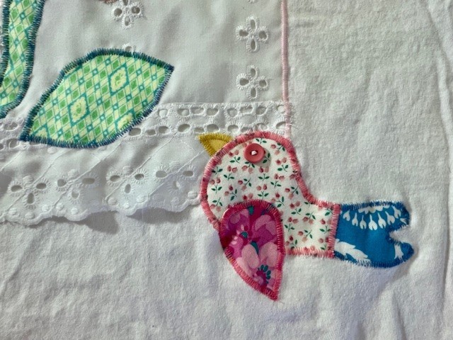 Upcycled T Shirt, Applique Flower & Birds. Wearable Art! SZ XLarge. USA