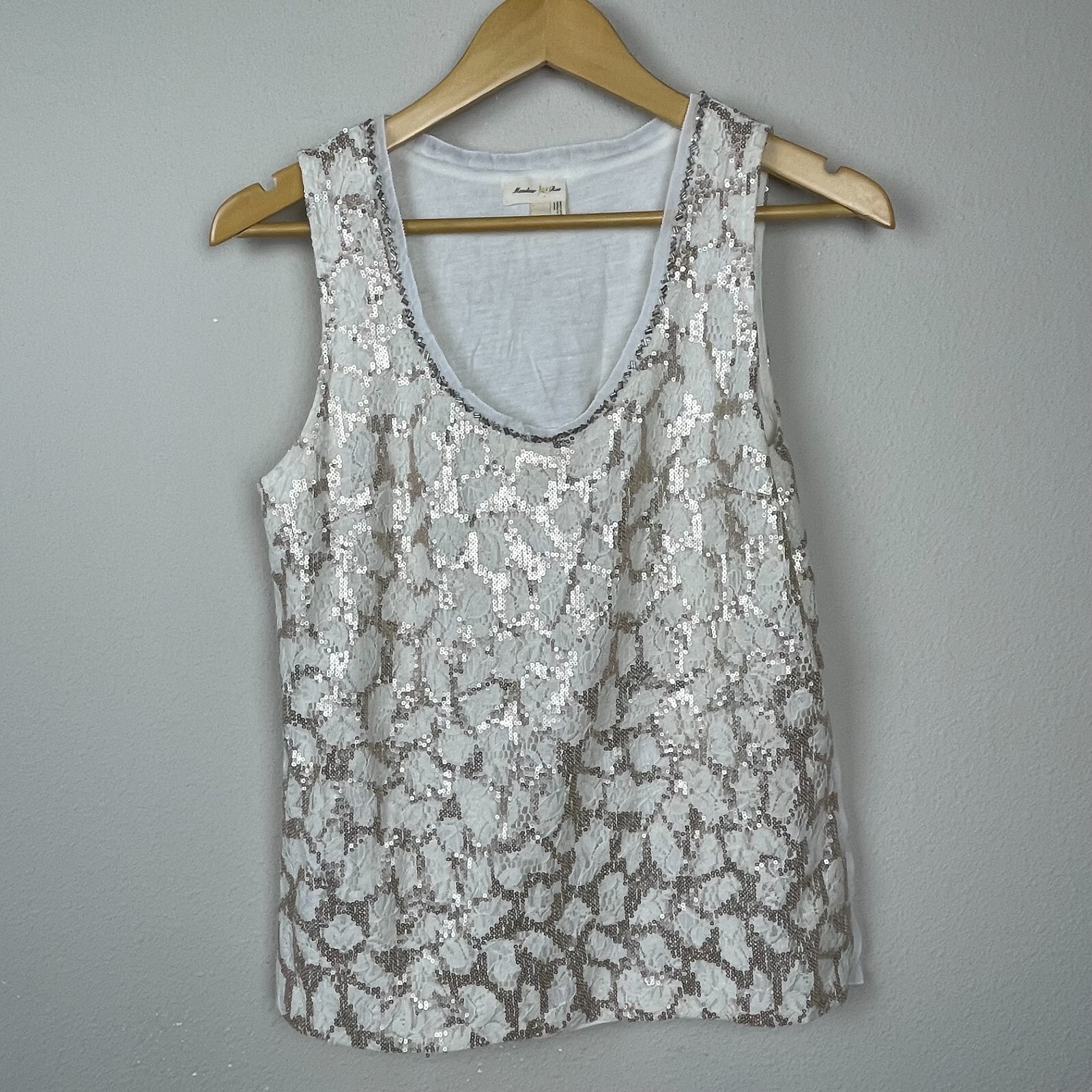 Meadow Rue Sequin Ivory Gold Sleeveless Top Pleated Scoop Neck Size S Fairy