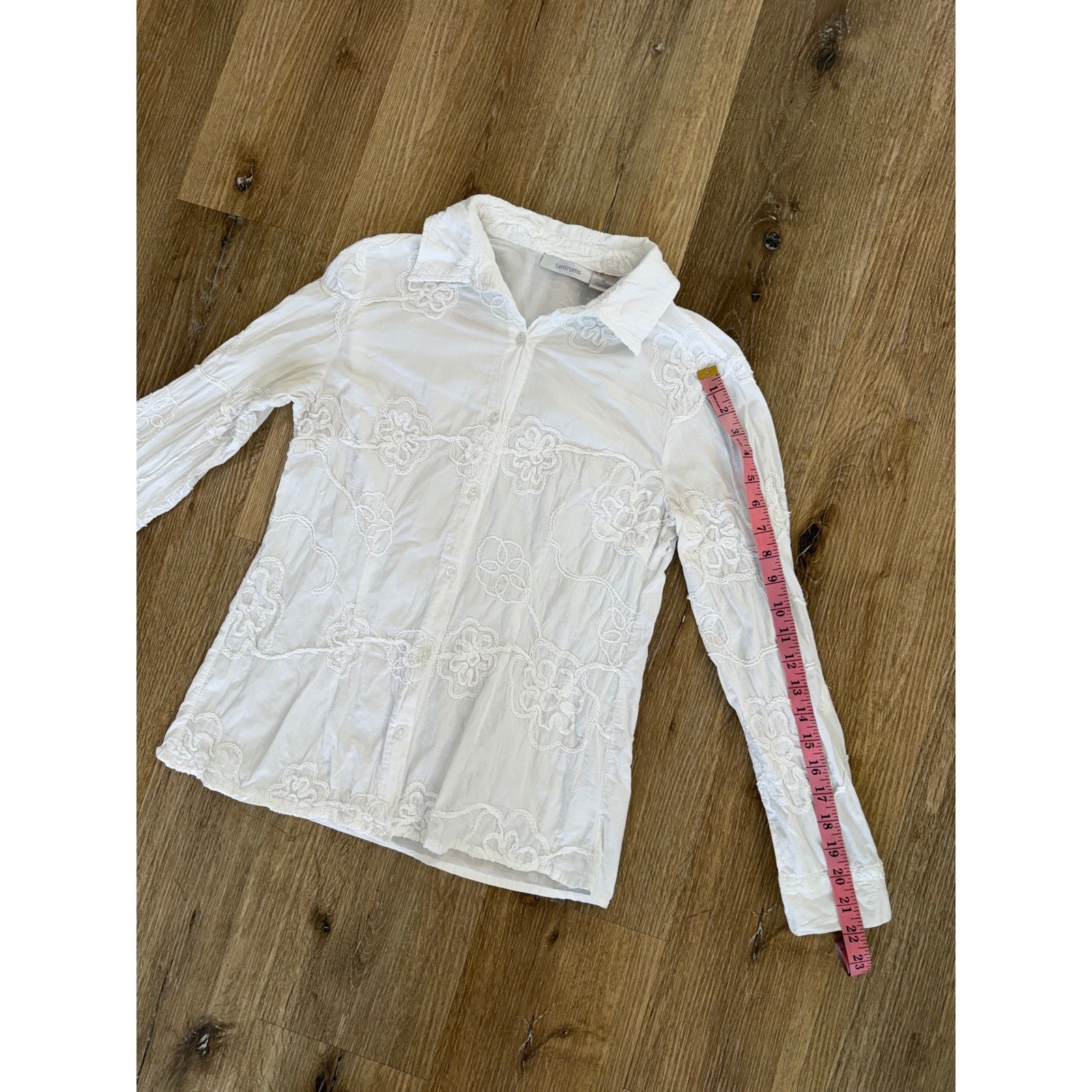 Floral Embroidered Button Down Shirt Womens M White Boho Cotton Cottagecore