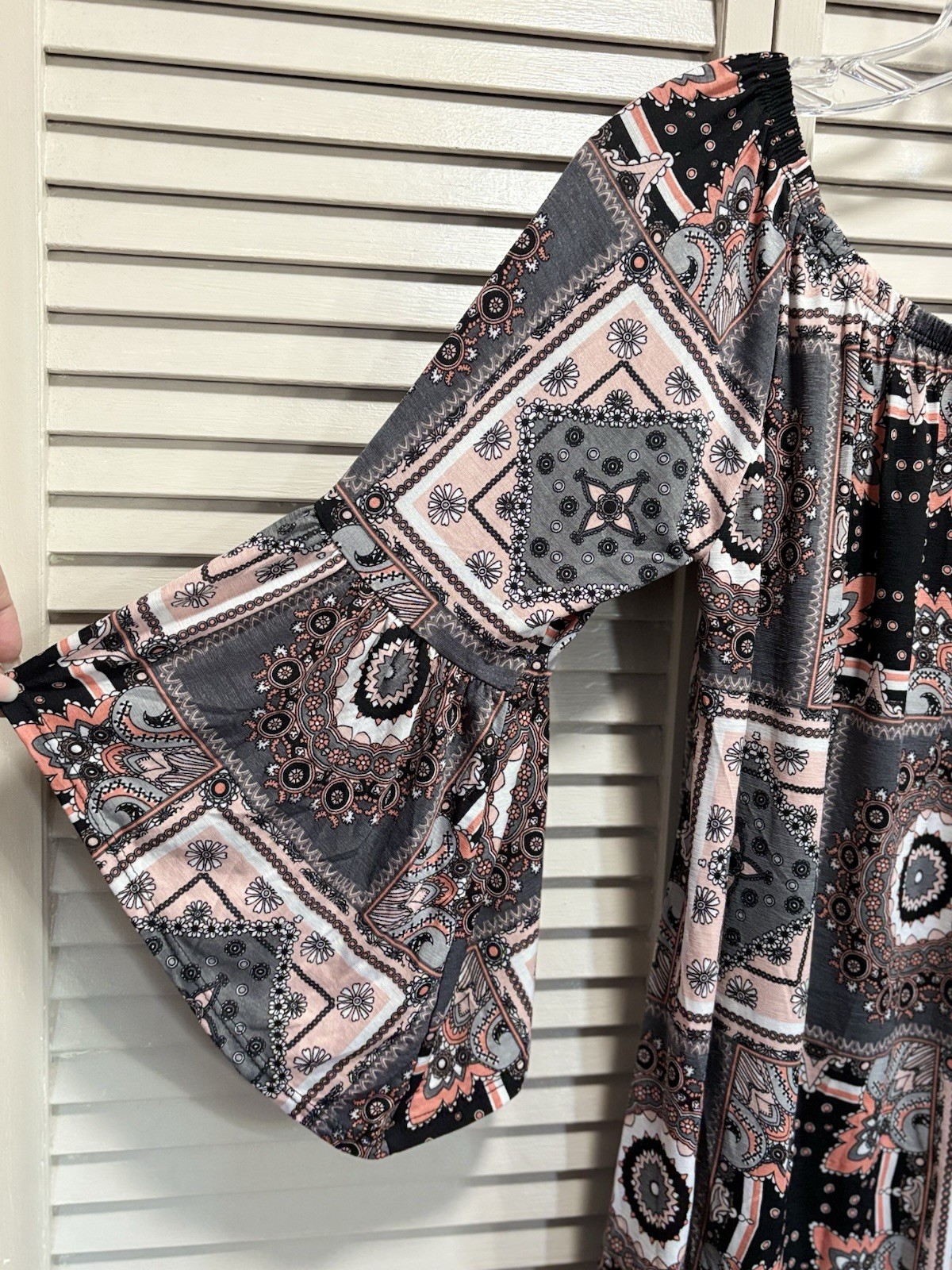 Paisley Black/Orange Long Tunic Blouse Boat Neck 3/4 Bell Sleeve Size M/L Flowy