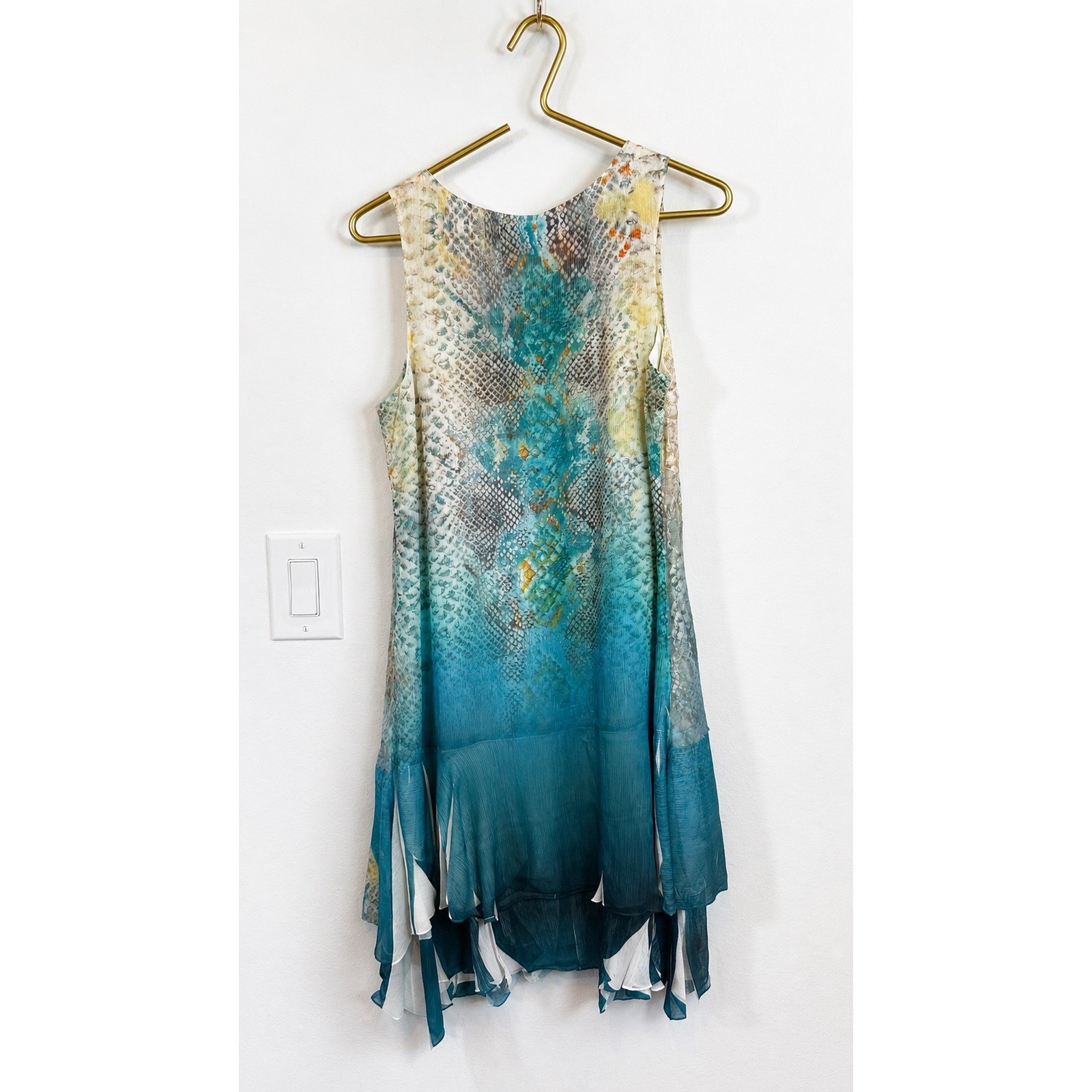Mushka By Sienna Rose Blue Snakeskin Mesh Tunic Dress Metallic Ruffle Hem XS