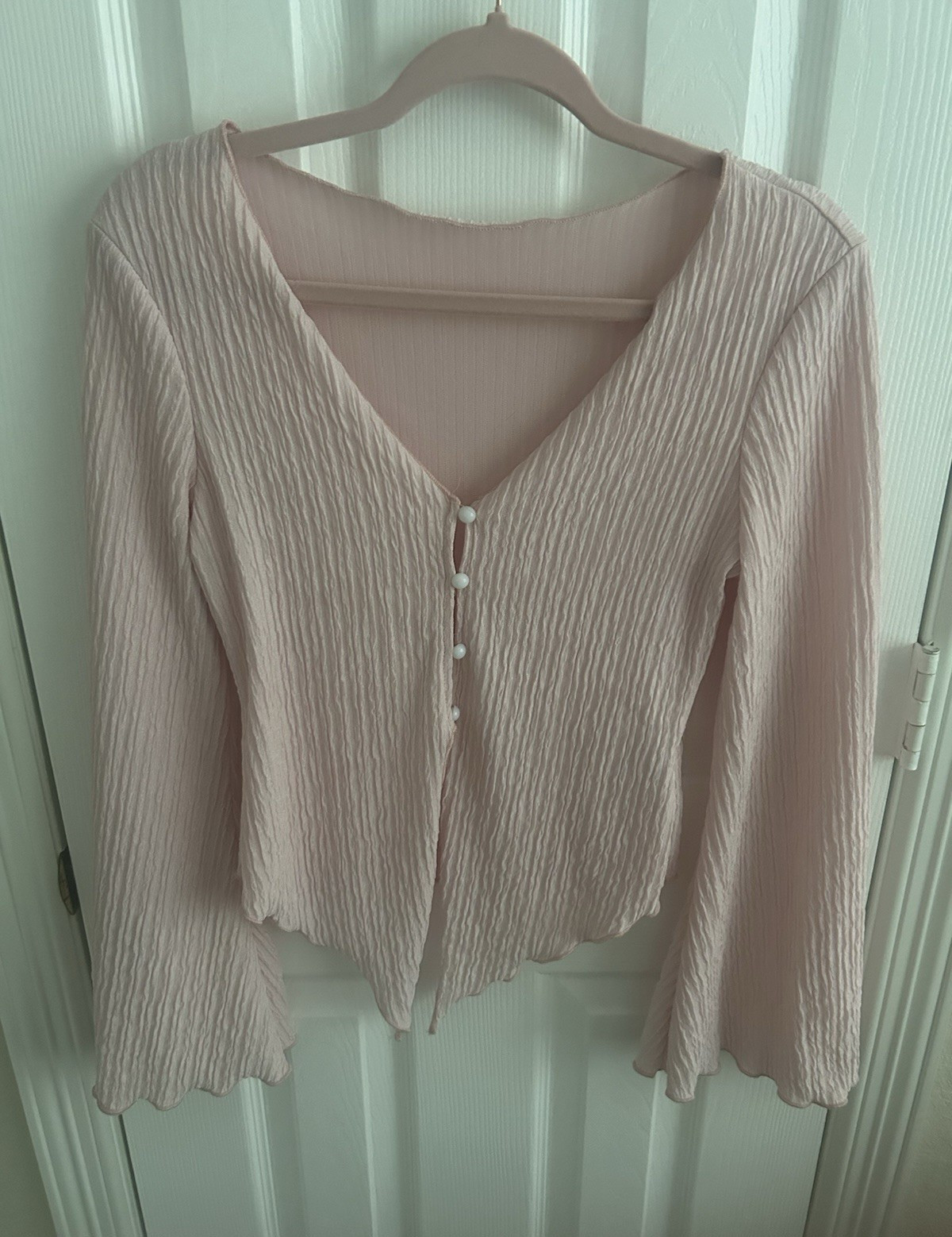 ROMWE Women’s Pink Ribbed Knit V-Neck Button Front Long Sleeve Top S