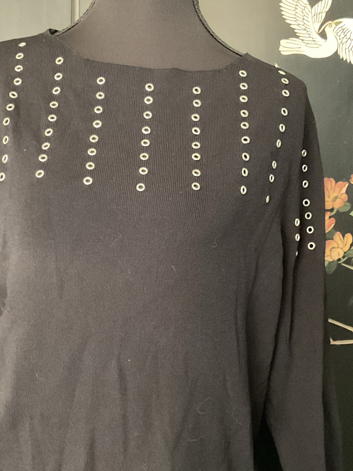Rock Star Grommeted Rayon & Nylon 3/4 Sleeve Stretchy Sweater/Top Sz L