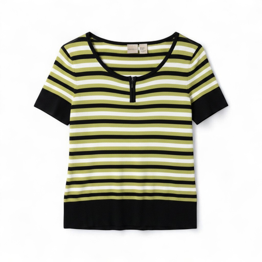 Massini Vintage Green Black White Striped Top Womens Medium