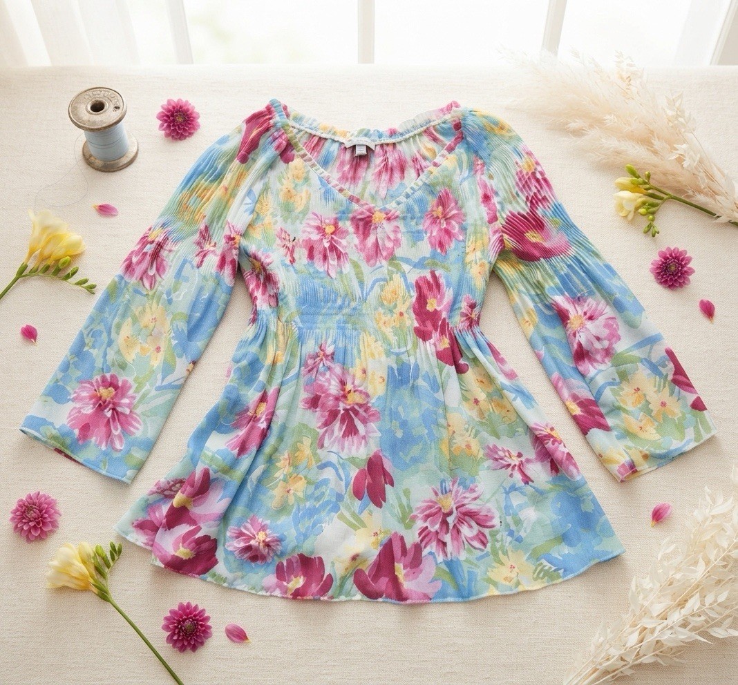 Ninety Clothing Co Floral Boho Shirt Blouse 3/4 Sleeve Women’s Top Size Medium