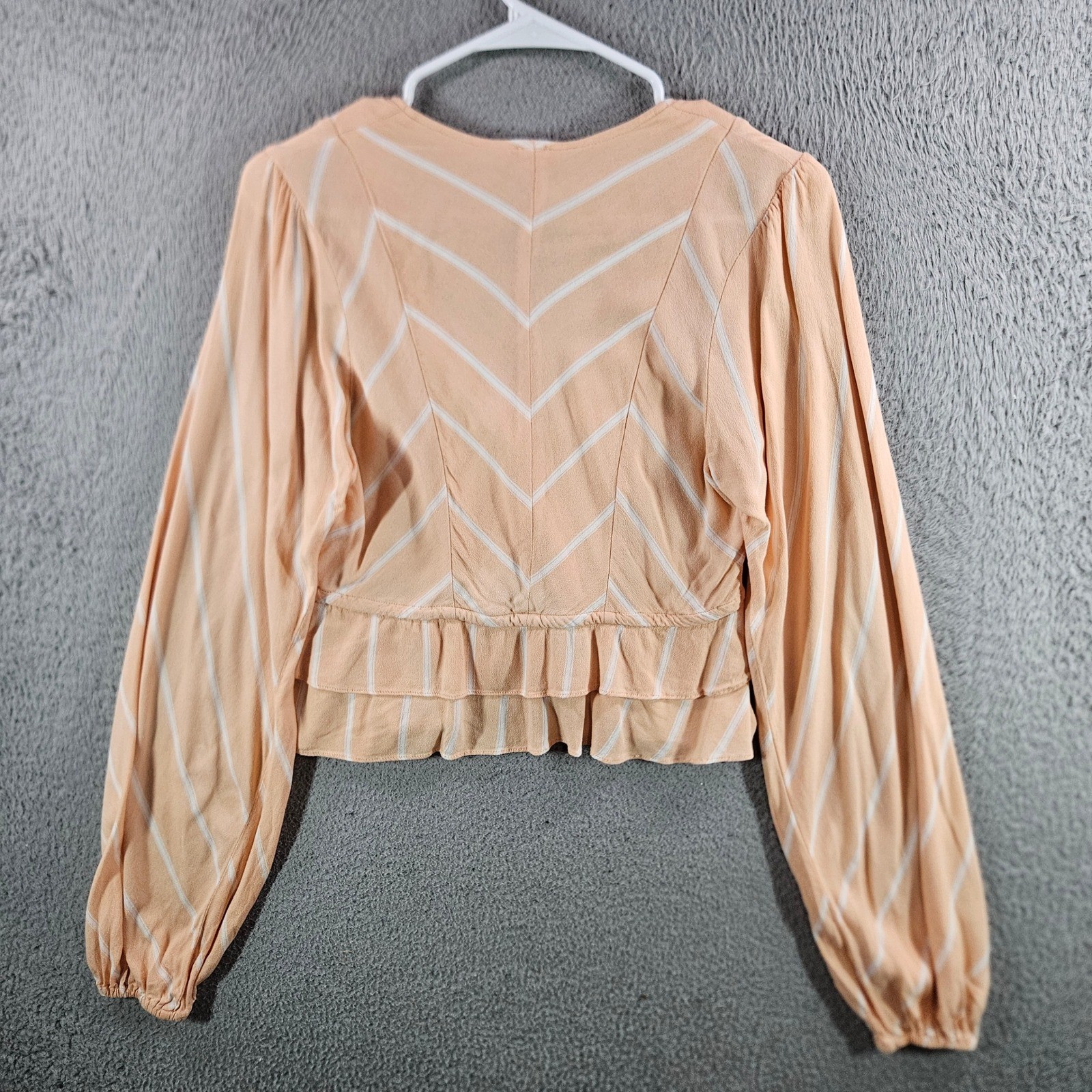 Free People Peach Striped V-Neck Ruffle Crop Blouse Long Sleeve XS