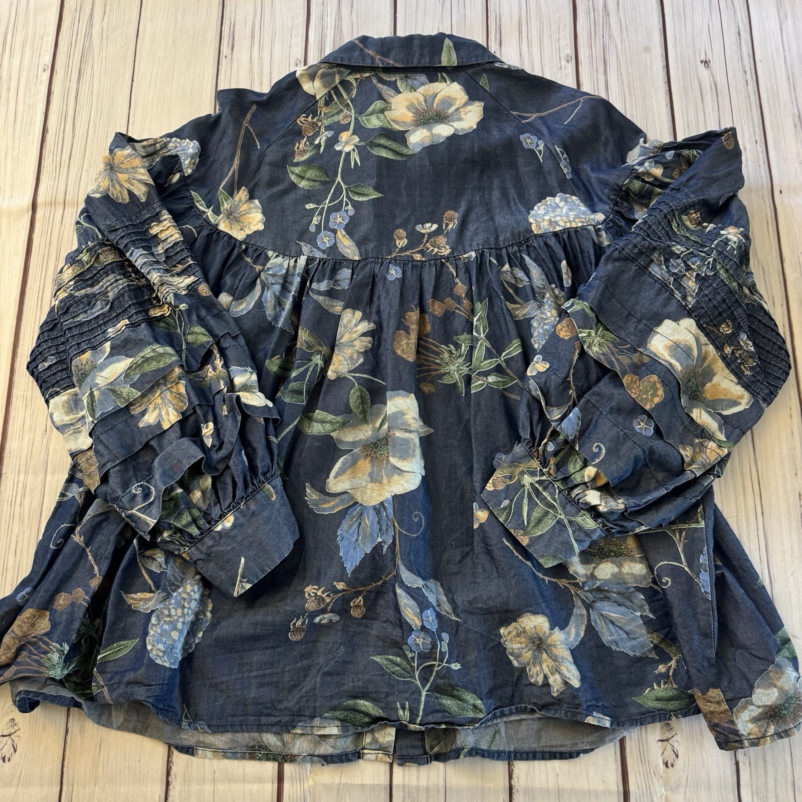 Gracia Floral Tencel Boho Peasant Blouse Pintuck Balloon Sleeve Women Large