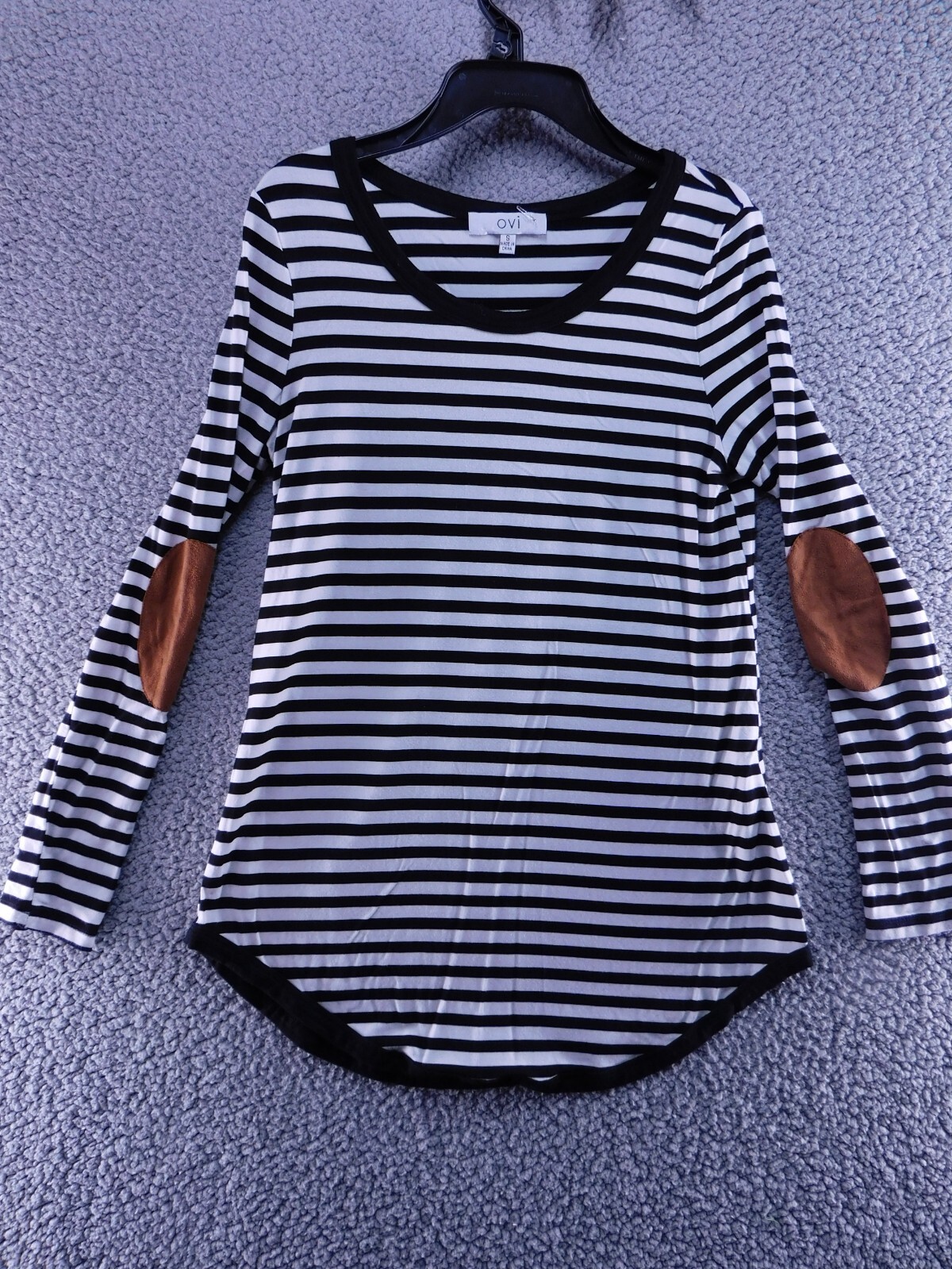 Ovi Womens Long Sleeve Striped Top Faux Leather Elbow Patches Round Neck Size S