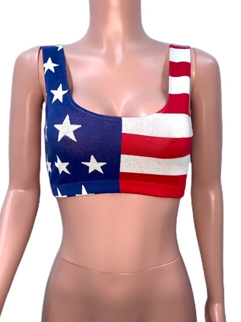 Patriotic USA American Flag Print Fitted Crop Midriff Sporty Top Beach Vacay New