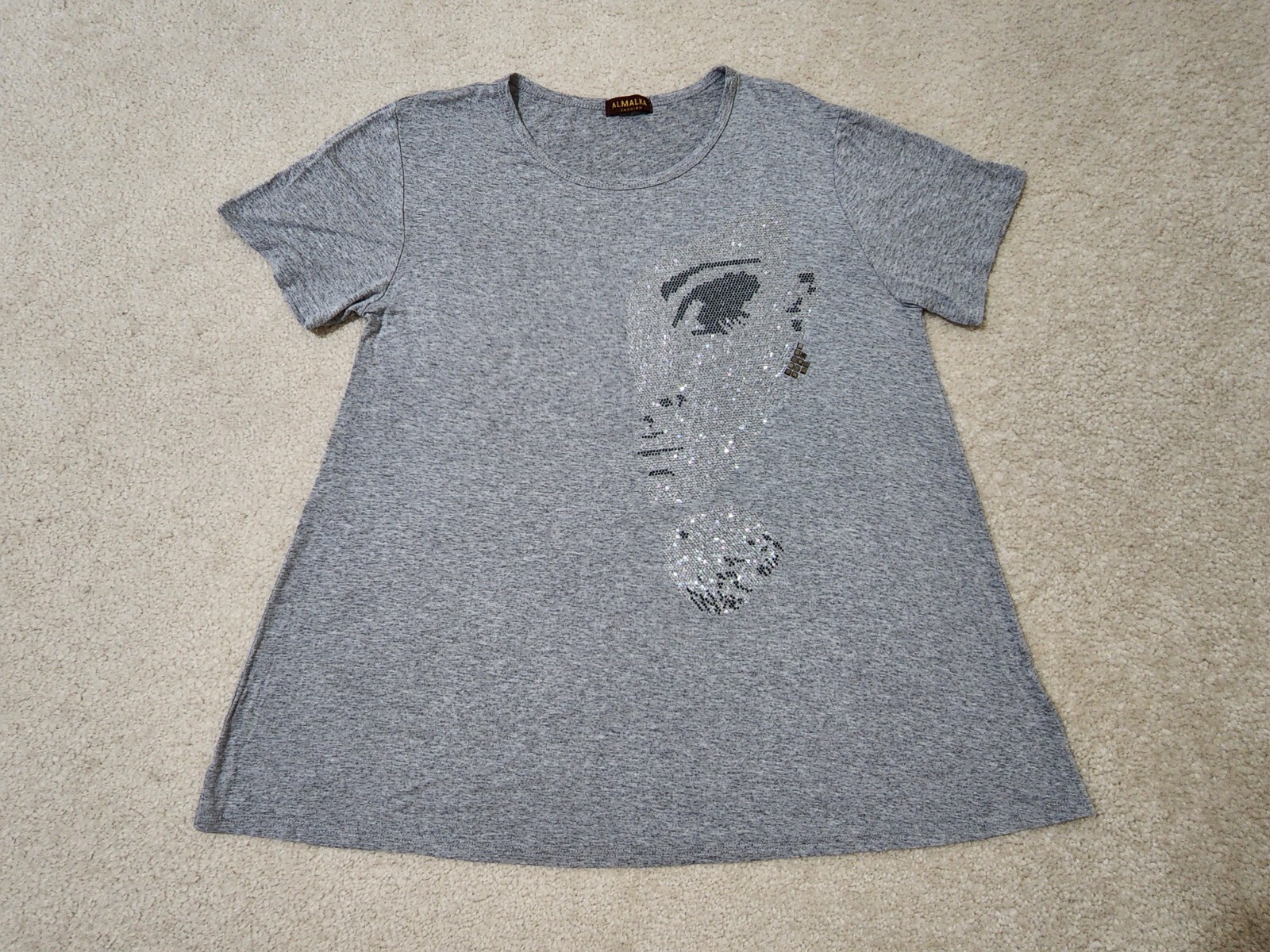 ALMALKA Fashion Womens Gray Sequins Diva Tee Shirt Tunic Top Short Sleeve Sz.M-L