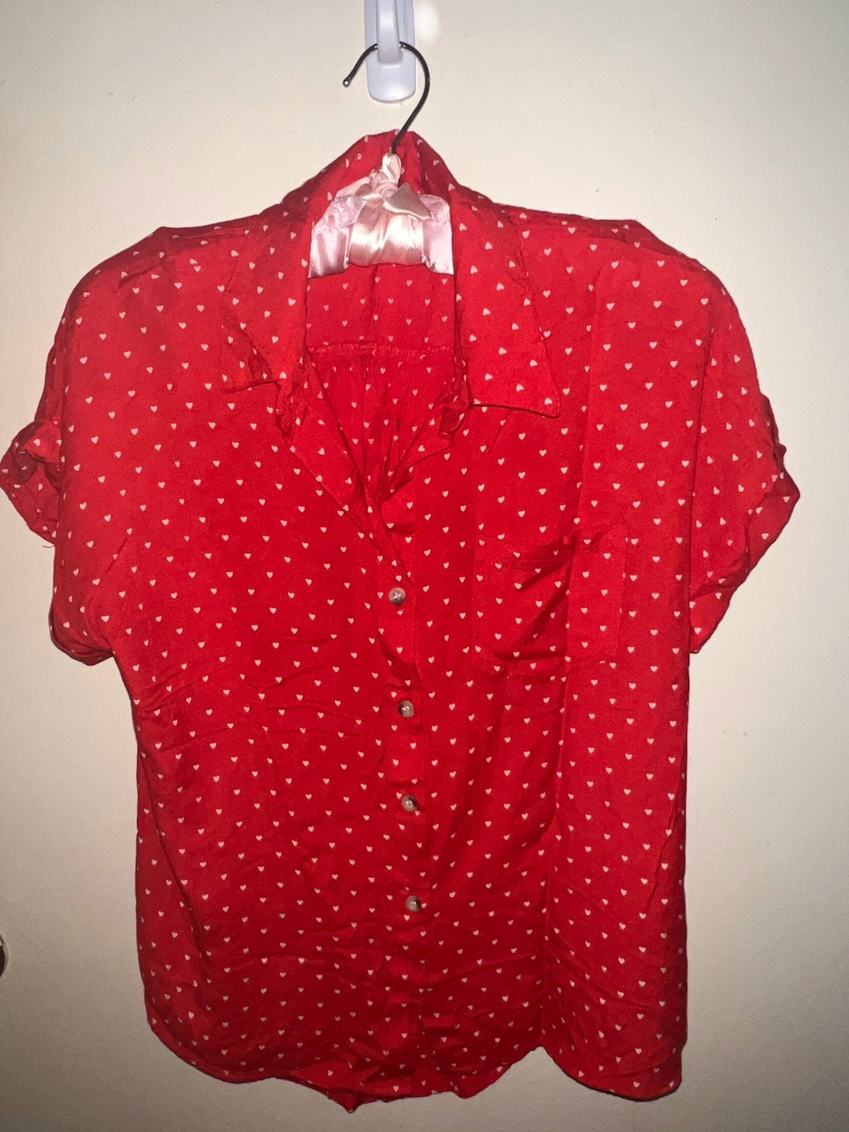 Sim & Sam Red White Heart Print Button-Up Collared Cap Sleeve Blouse XL Rayon
