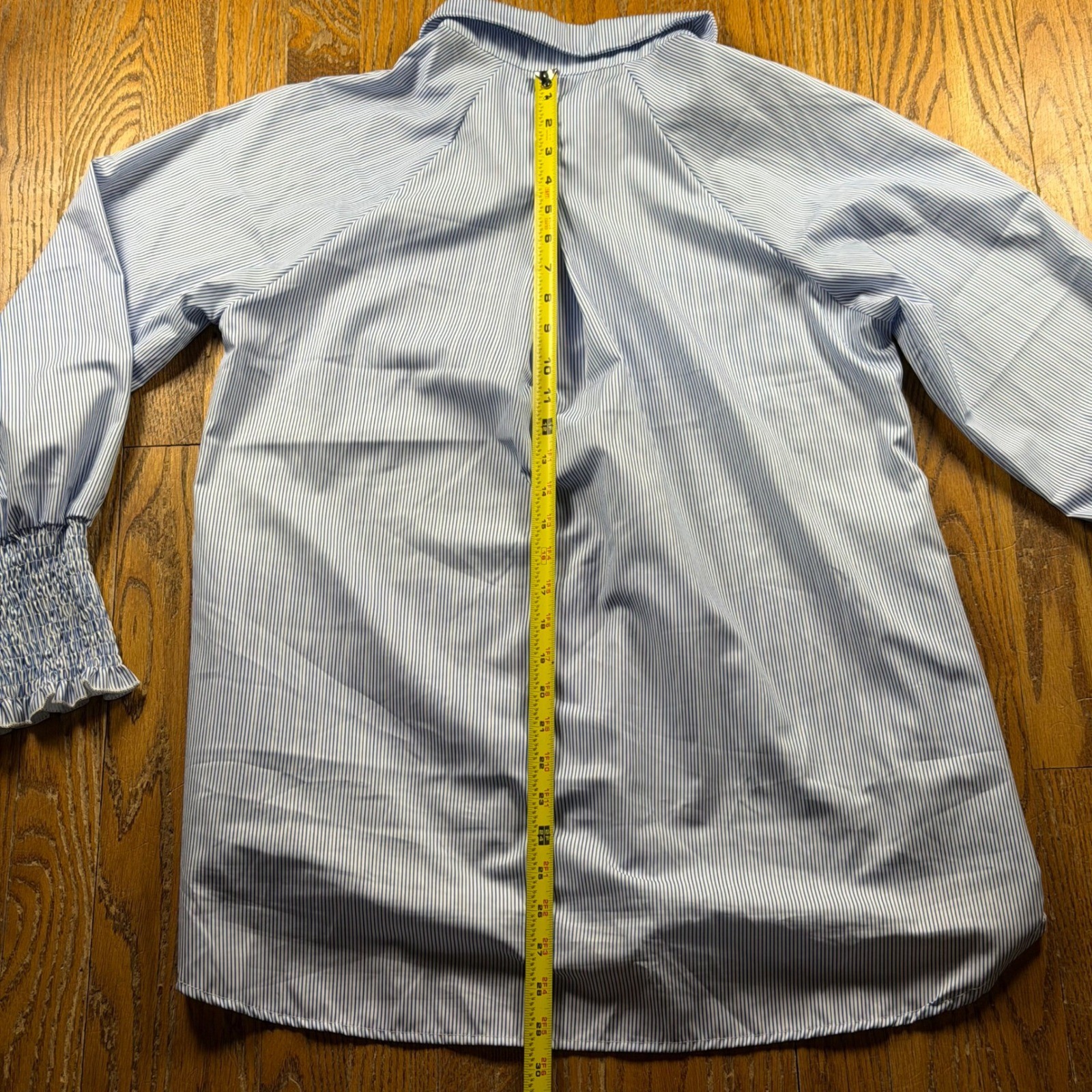 Blue White Striped Button Down teacher Shirt Smocked Ruffle Cuff Blouse Size M