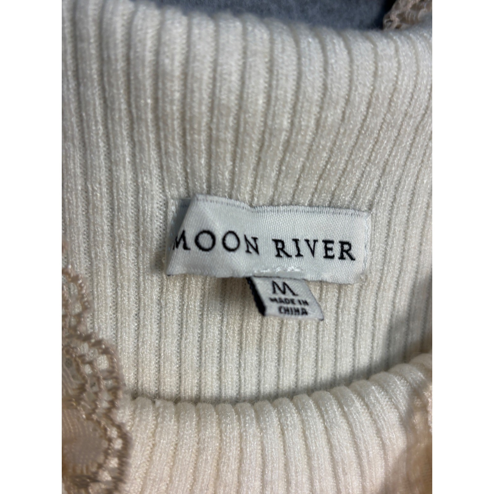 Moon River Lace Trim Rib Knit Sweater Top M Ivory Mock Neck Romantic Coquette